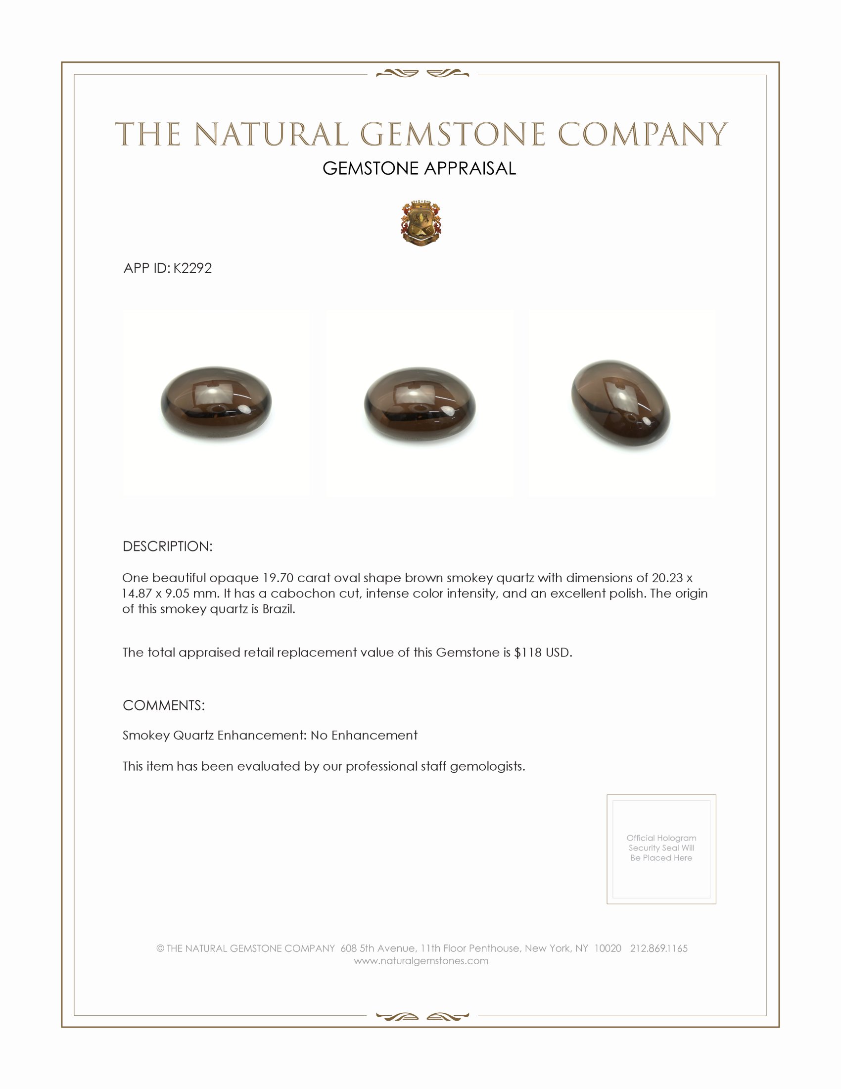 19.70 Ct. Brown Cabochon Smokey Quartz from Brazil