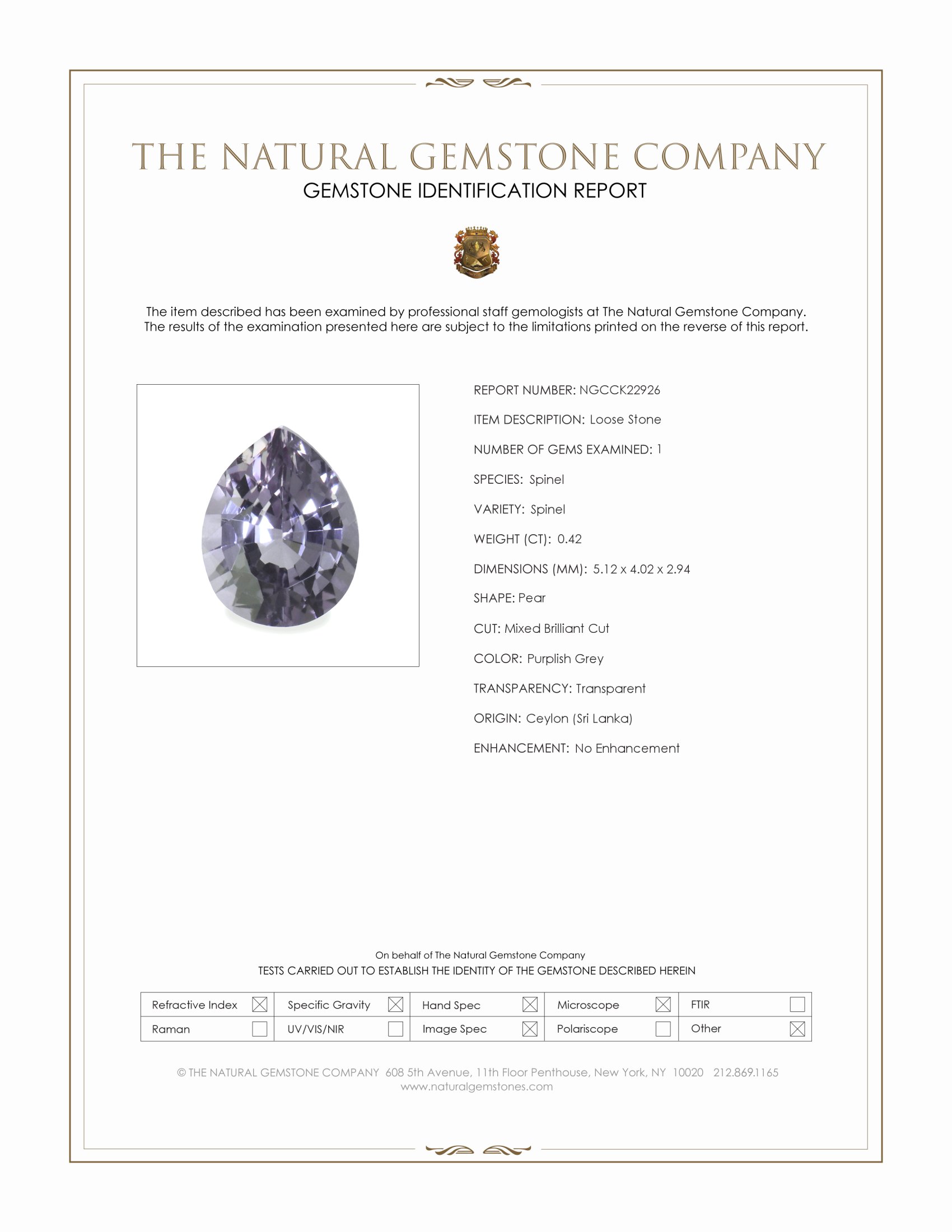 0.42 Ct. Purplish Grey Spinel from Ceylon (Sri Lanka)