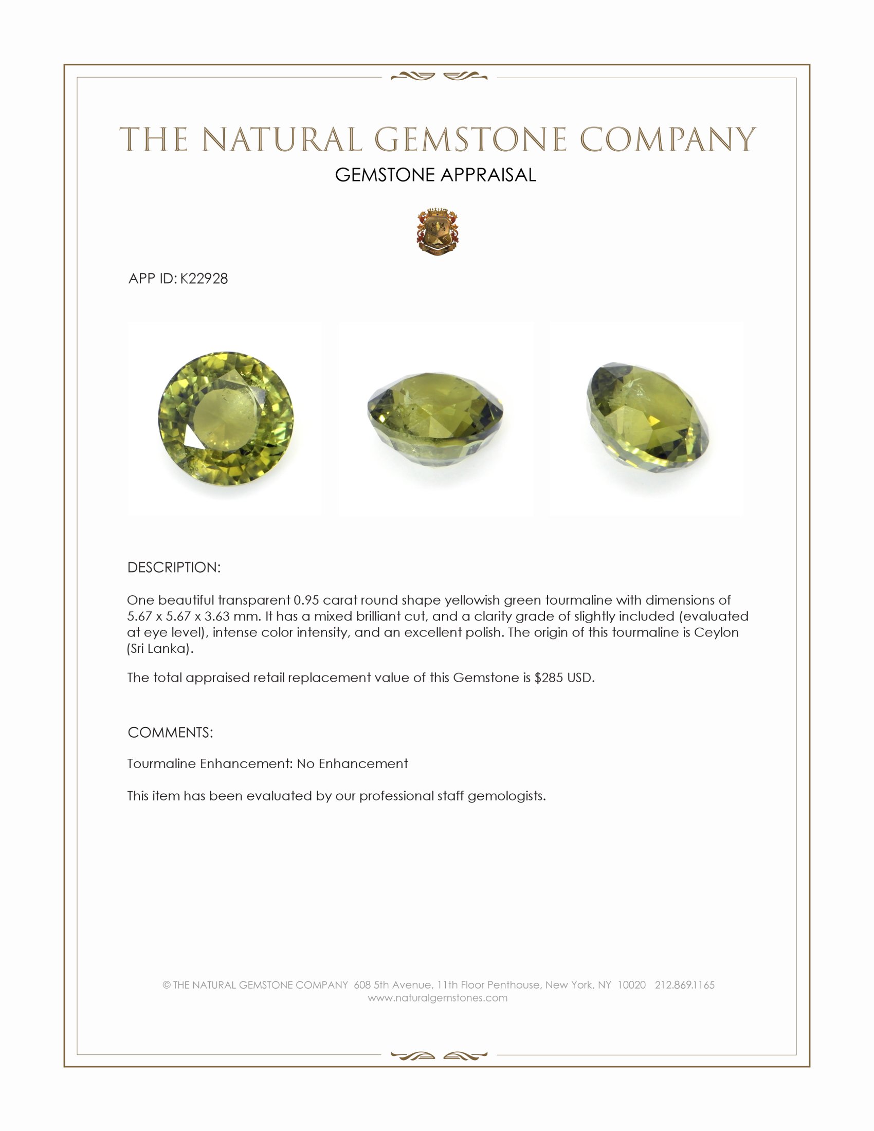 0.95 Ct. Yellowish Green Tourmaline from Ceylon (Sri Lanka)