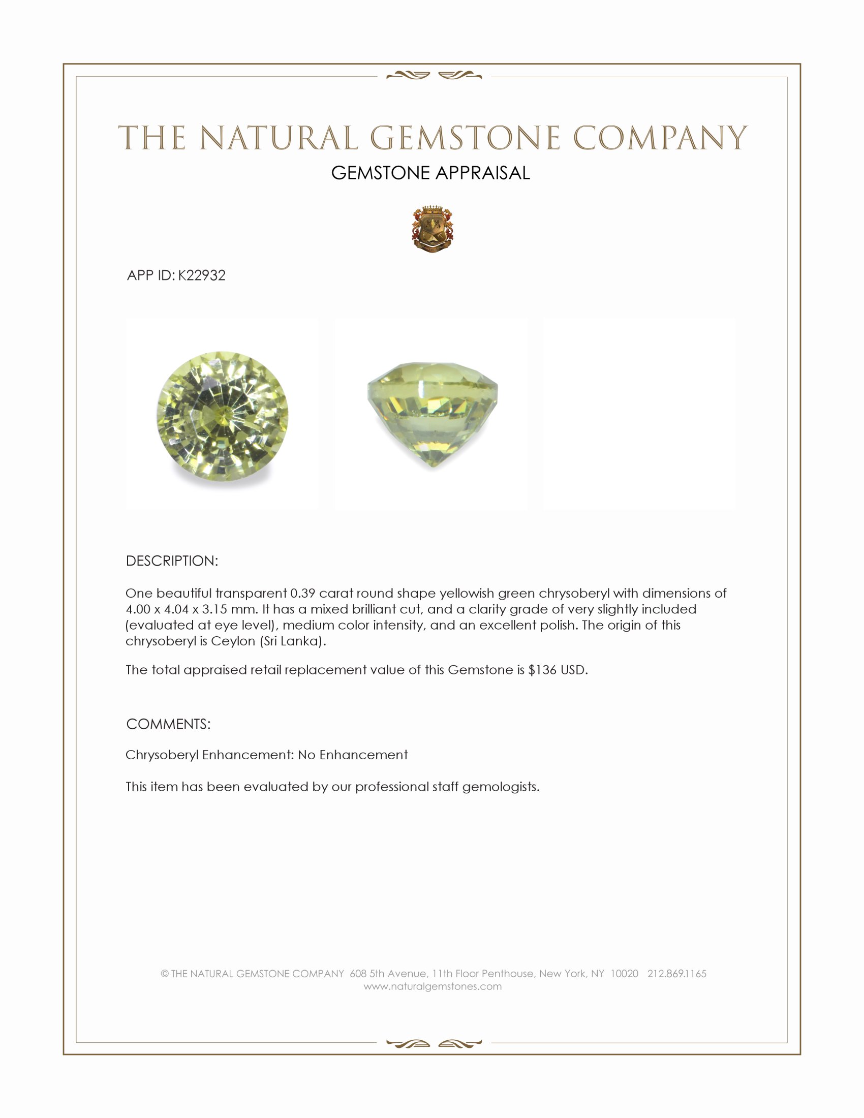 0.39 Ct. Yellowish Green Chrysoberyl from Ceylon (Sri Lanka)
