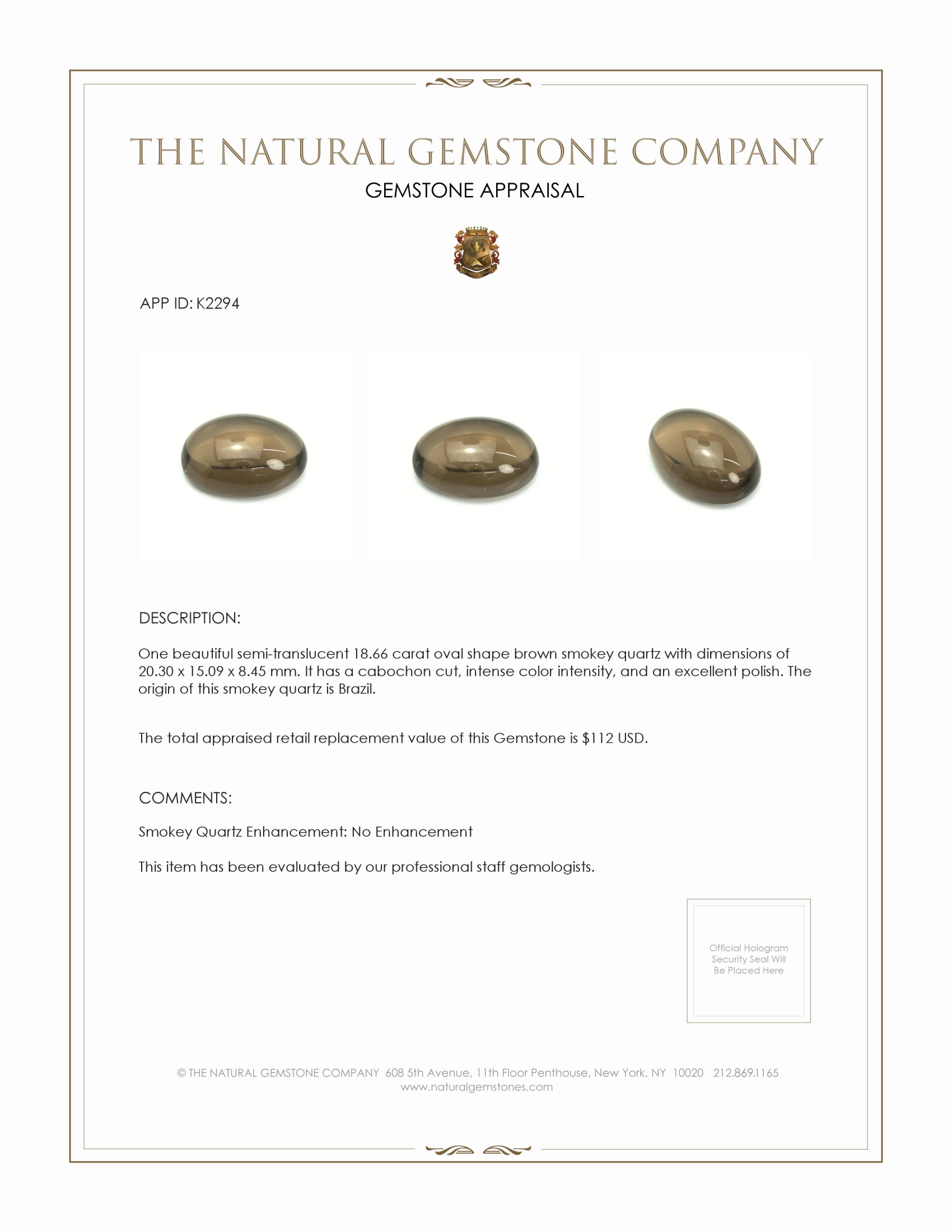 18.66 Ct. Cabochon Smokey Quartz from Brazil