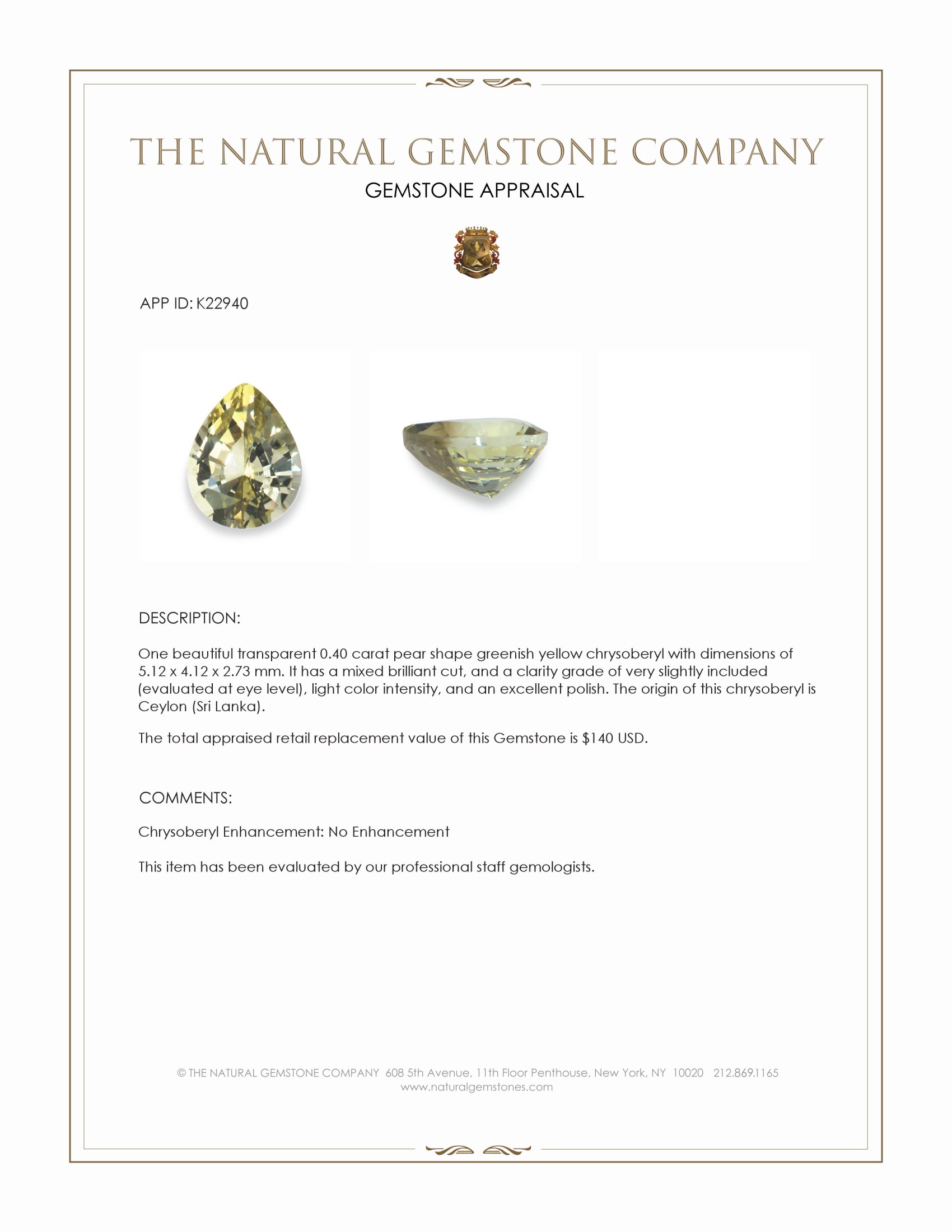 0.40 Ct. Chrysoberyl from Ceylon (Sri Lanka)