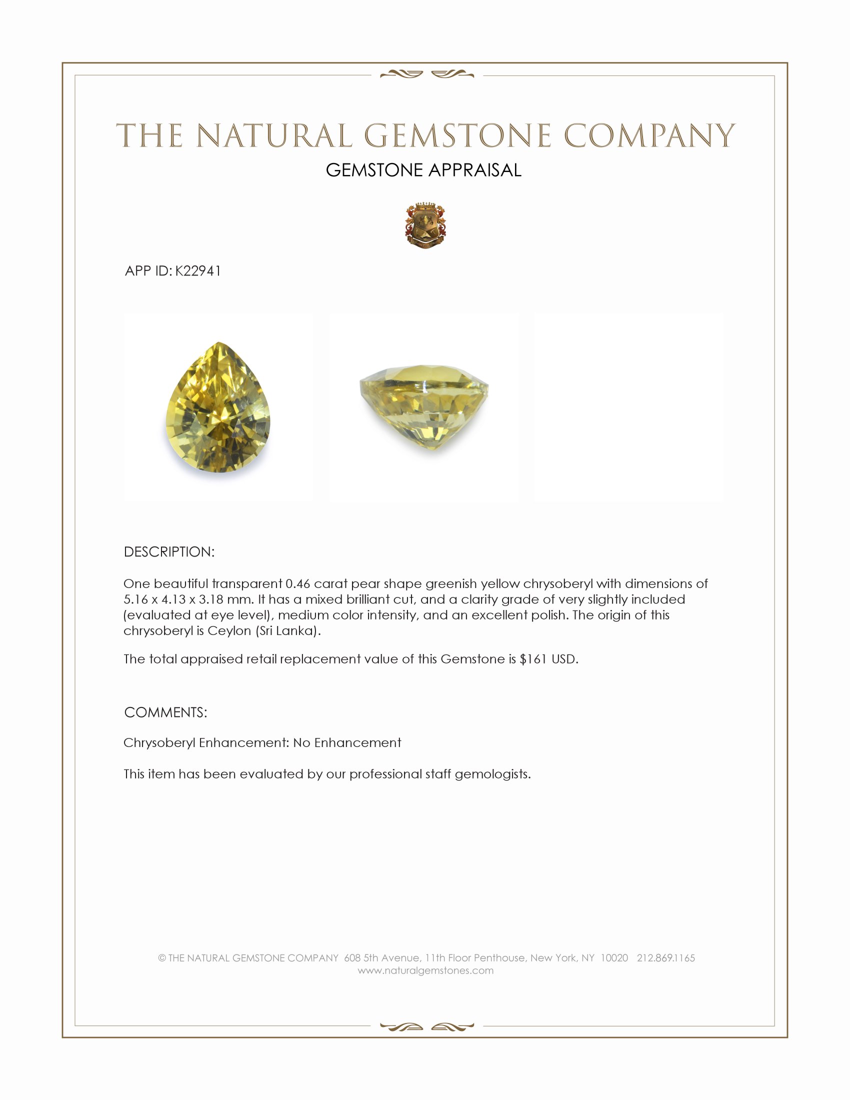 0.46 Ct. Greenish Yellow Chrysoberyl from Ceylon (Sri Lanka)