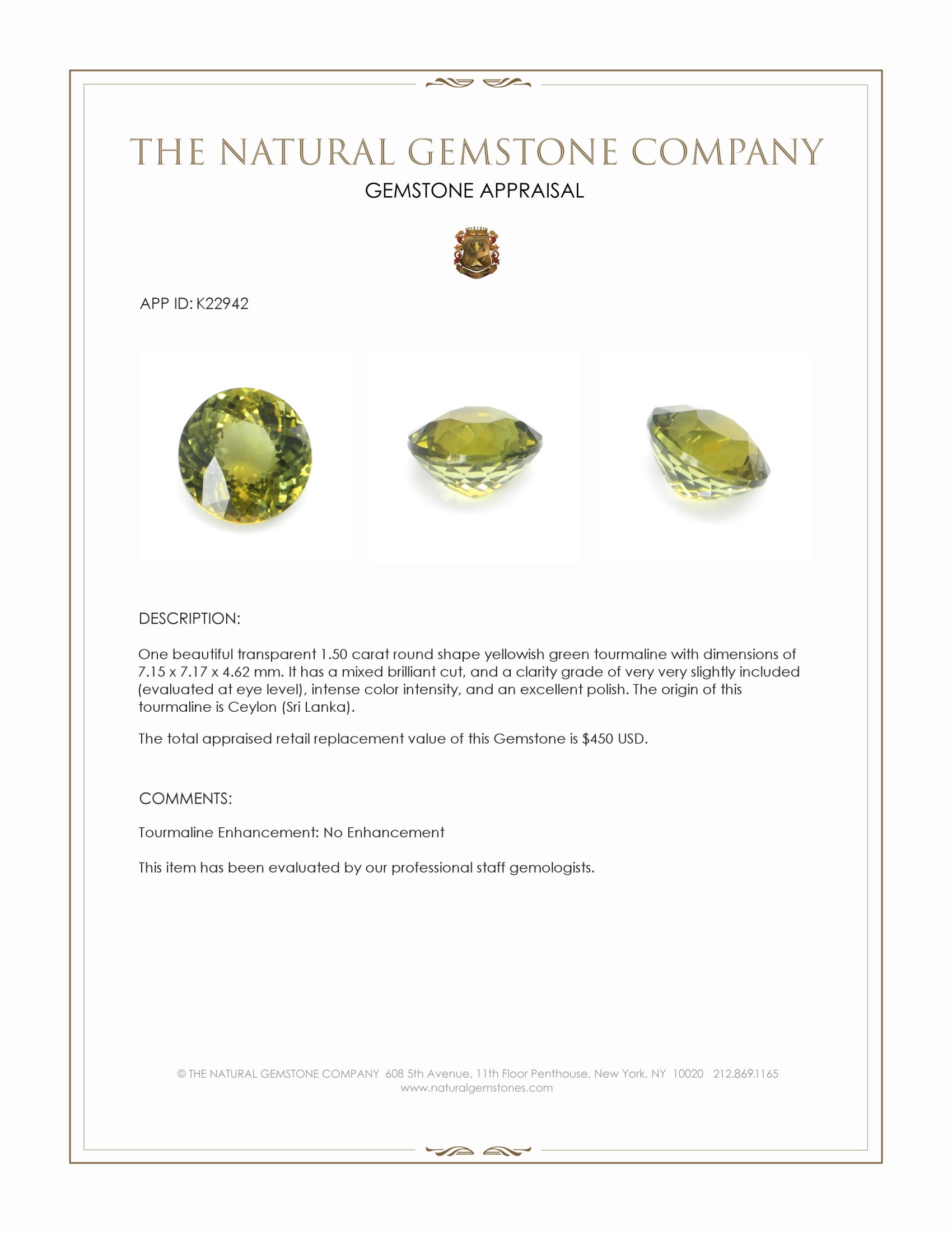 1.50 Ct. Yellowish Green Tourmaline from Ceylon (Sri Lanka)