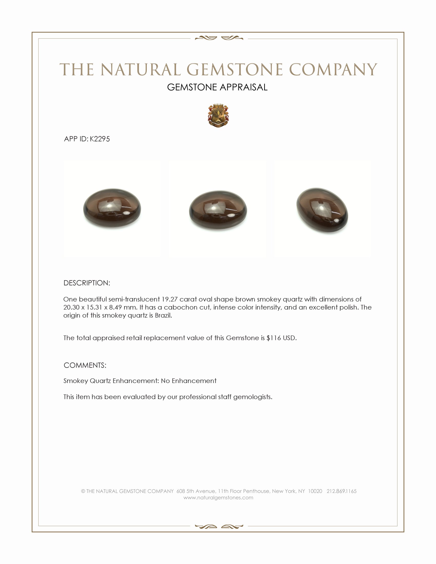 19.27 Ct. Cabochon Smokey Quartz from Brazil