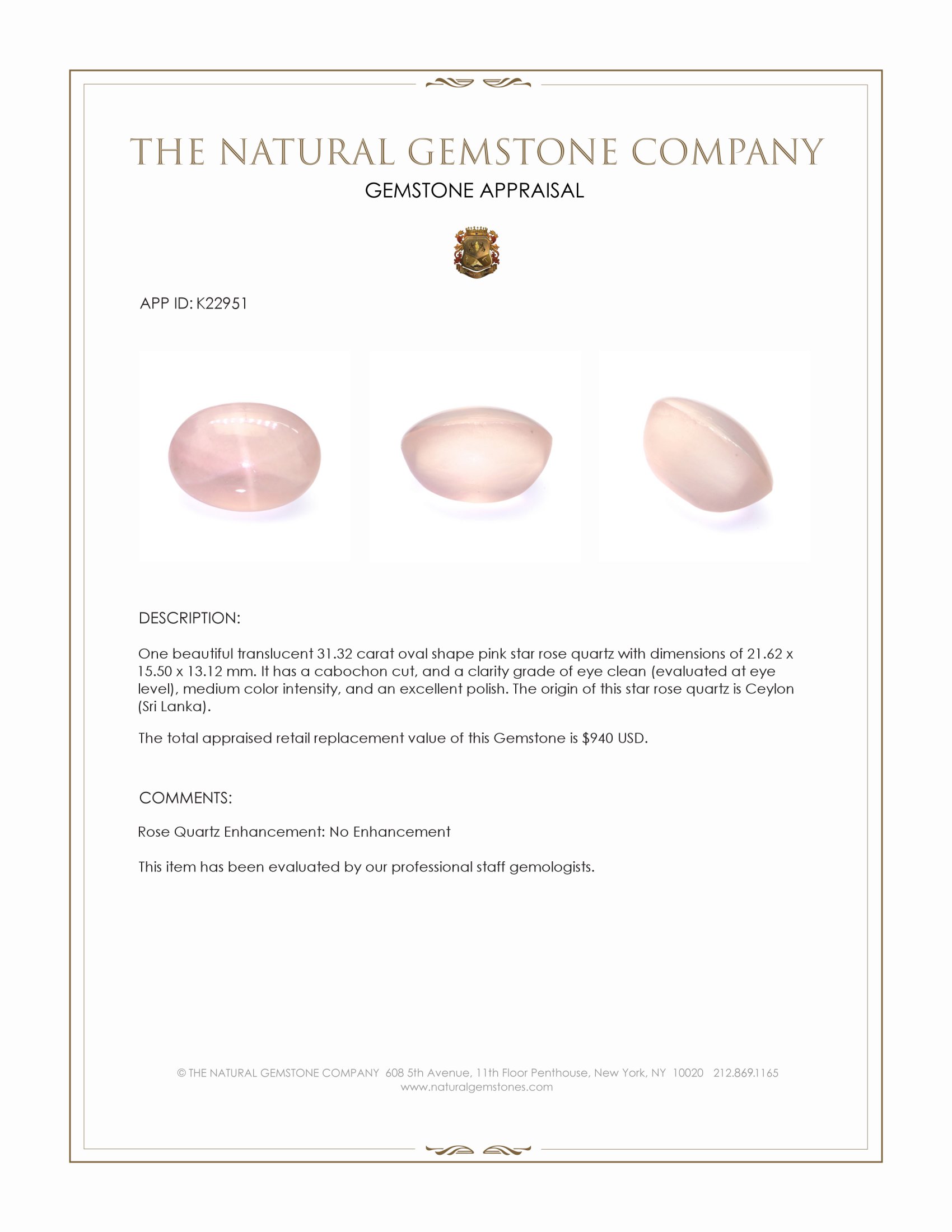 31.32 Ct. Pink Star Rose Quartz from Ceylon (Sri Lanka)
