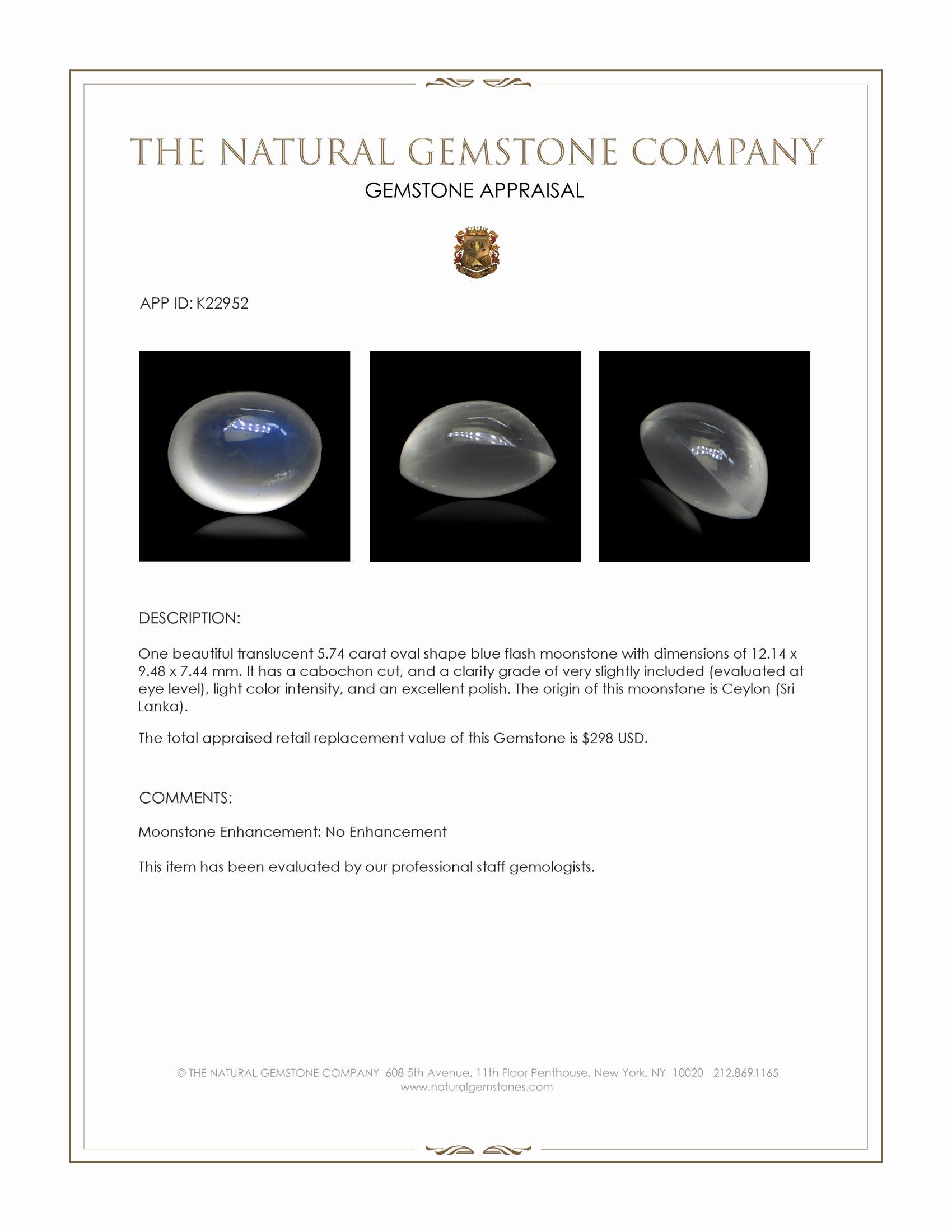 5.74 Ct. Cabochon Moonstone from Ceylon (Sri Lanka)