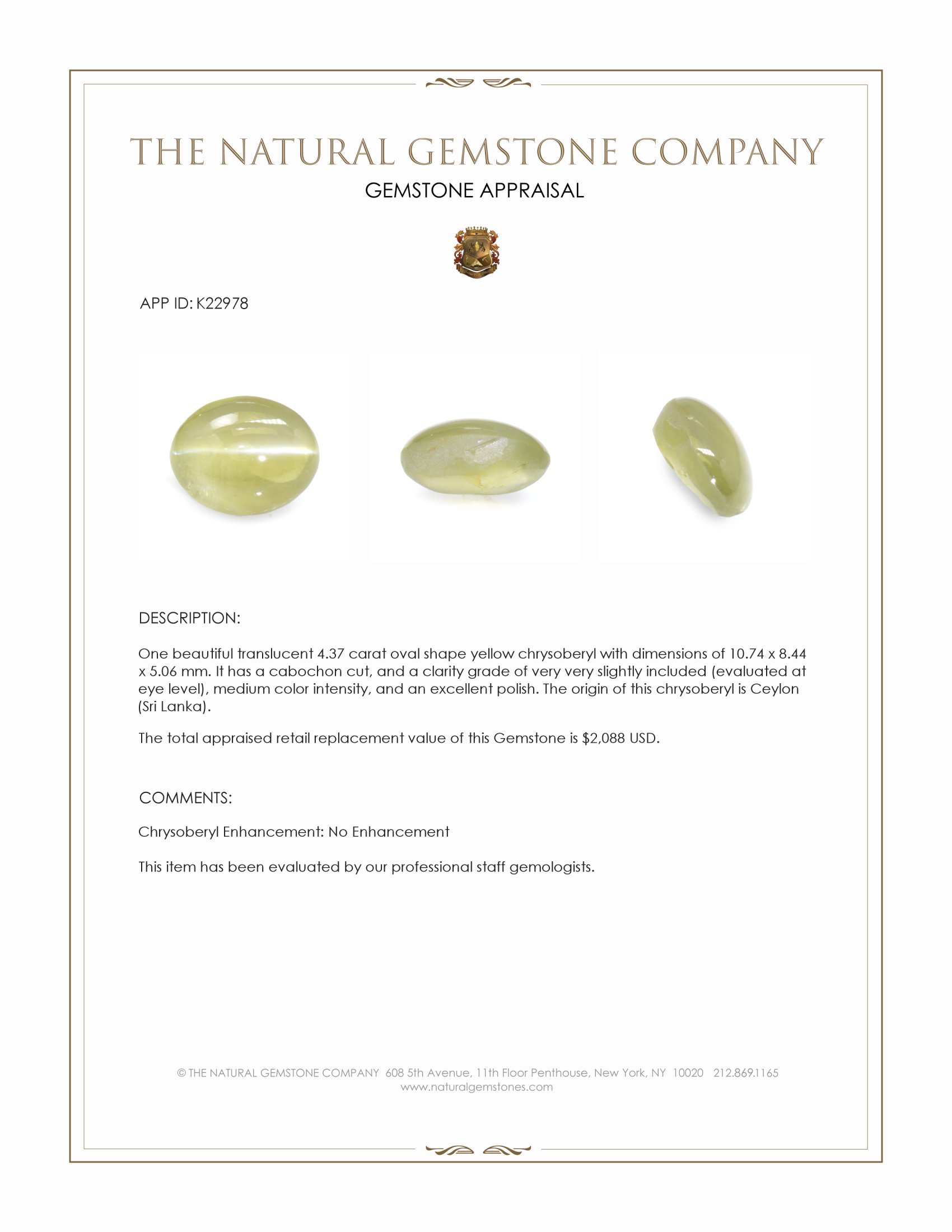 4.37 Ct. Cabochon Chrysoberyl from Ceylon (Sri Lanka)