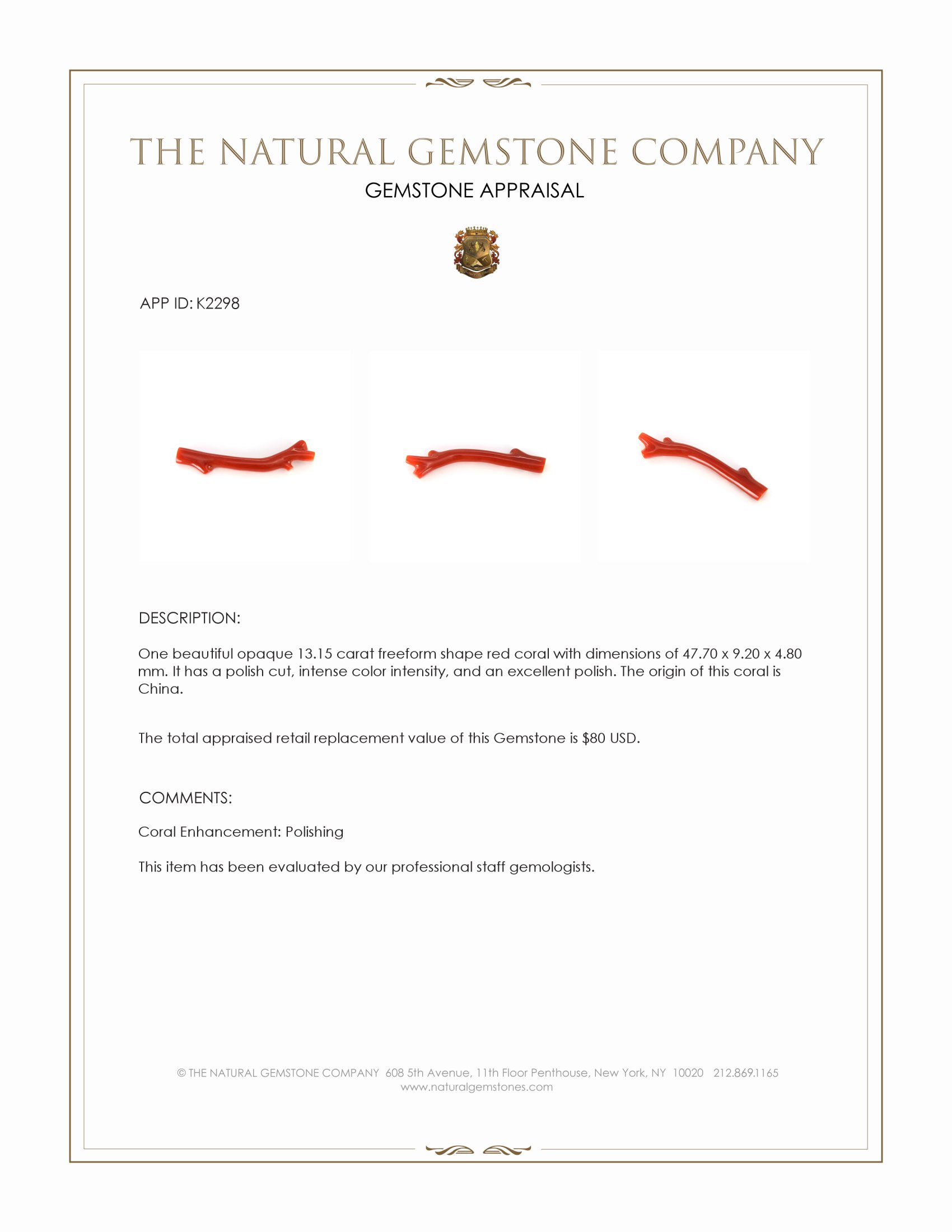 13.15 Ct. Coral from China