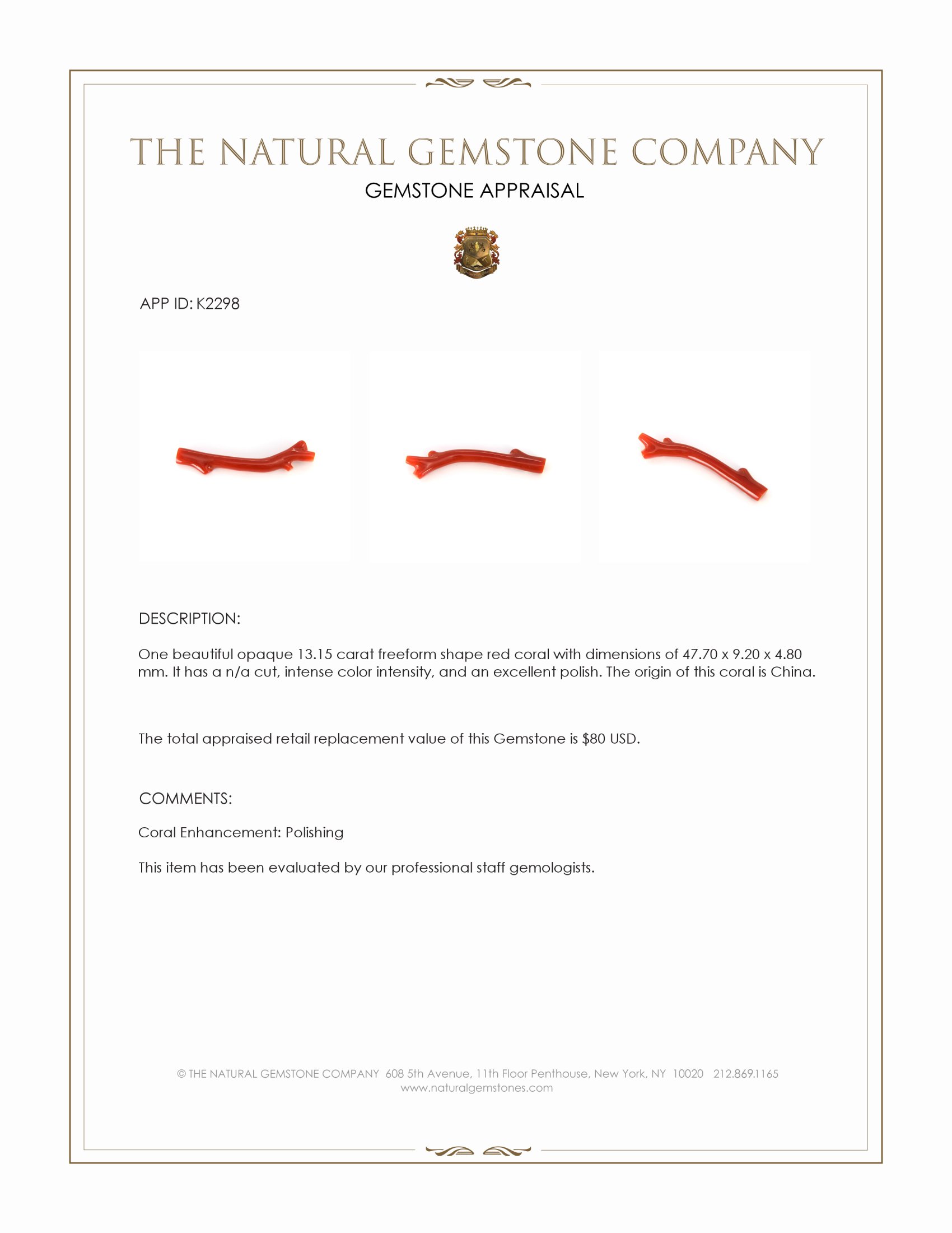 13.15 Ct. Coral from China