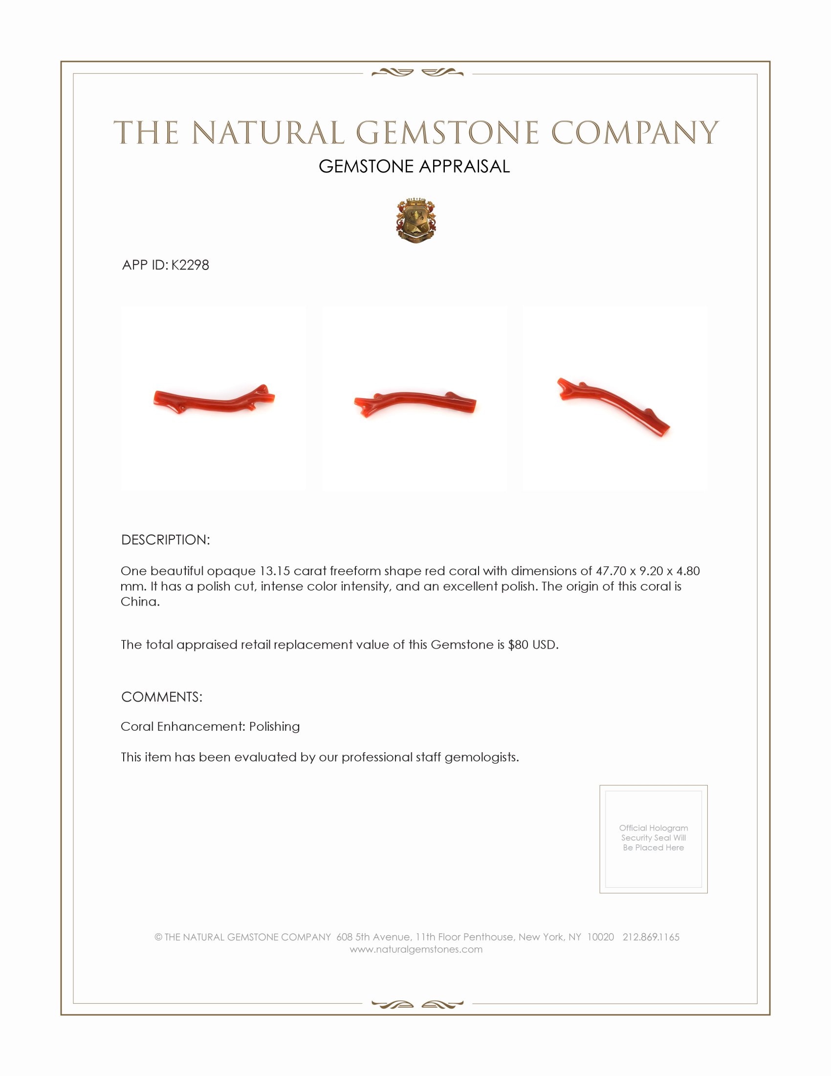 13.15 Ct. Coral from China