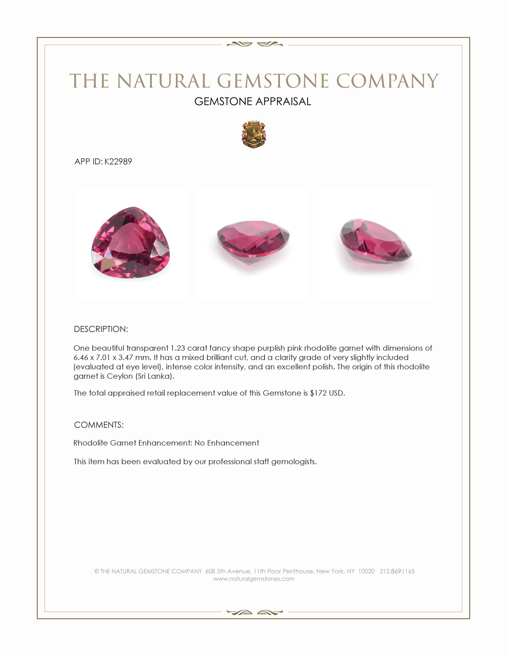 1.23 Ct. Rhodolite Garnet from Ceylon (Sri Lanka)