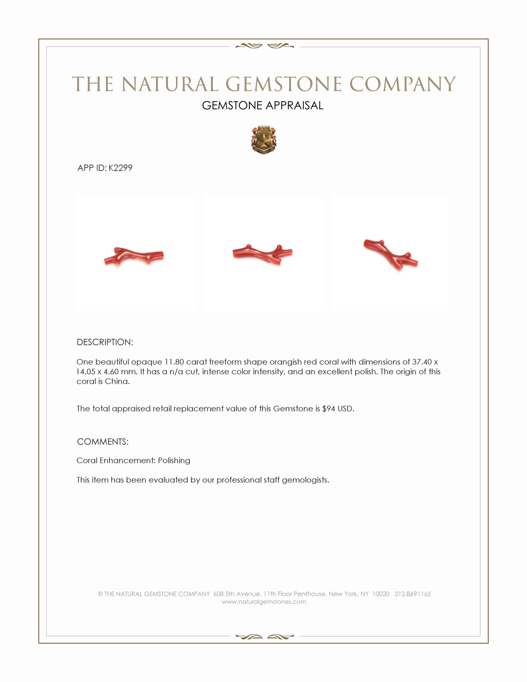 11.80 Ct. Coral Crystal from China