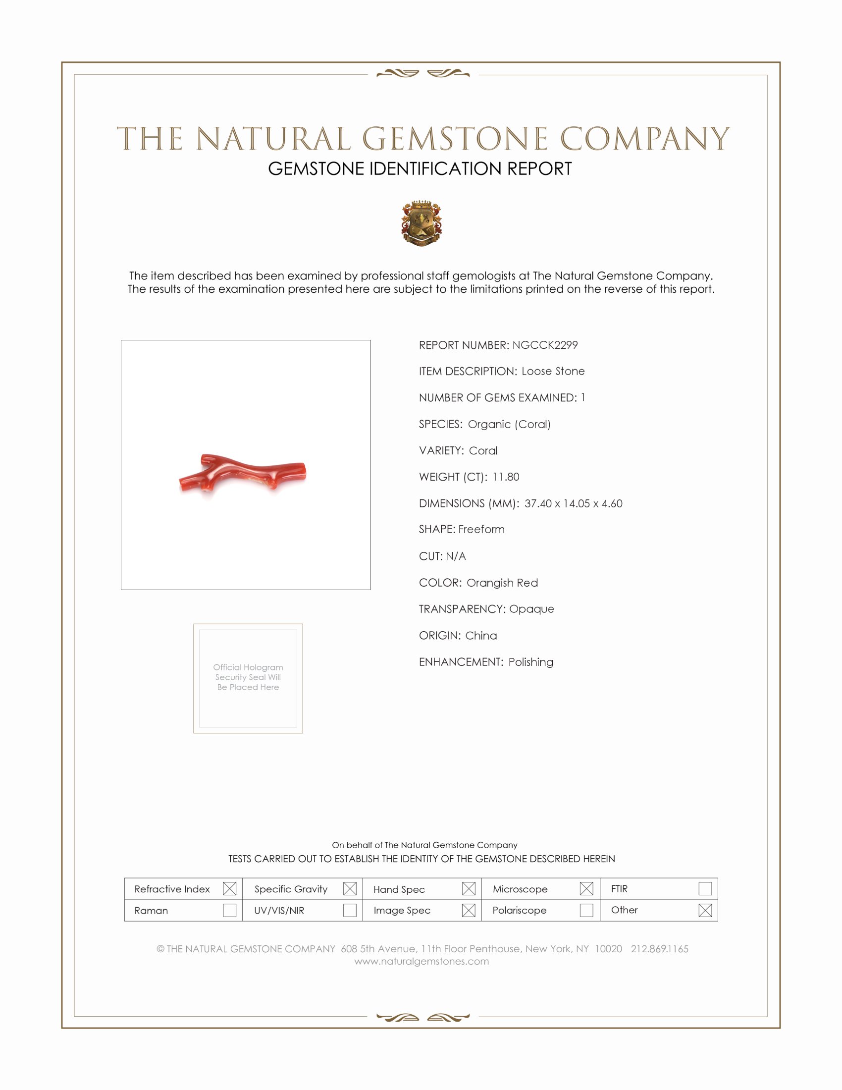 11.80 Ct. Orangish Red Coral Crystal from China