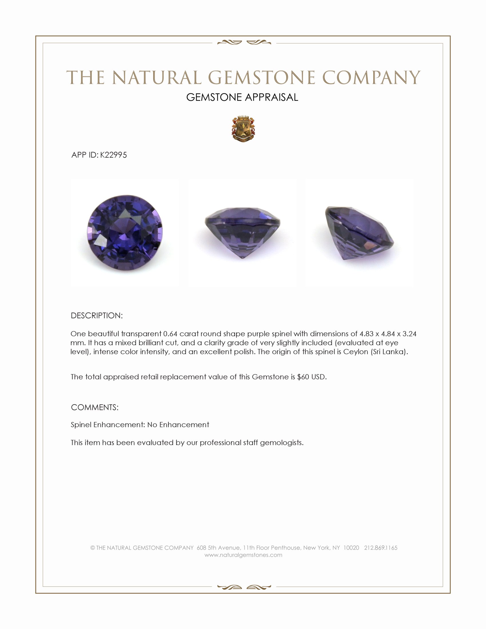 0.64 Ct. Purple Spinel from Ceylon (Sri Lanka)