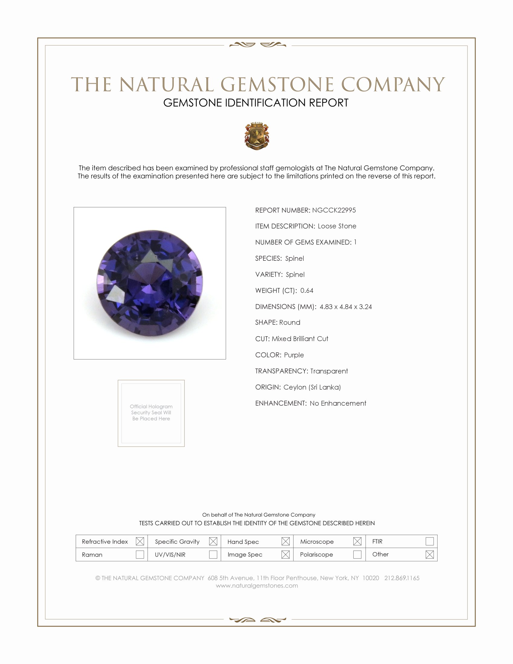 0.64 Ct. Purple Spinel from Ceylon (Sri Lanka)