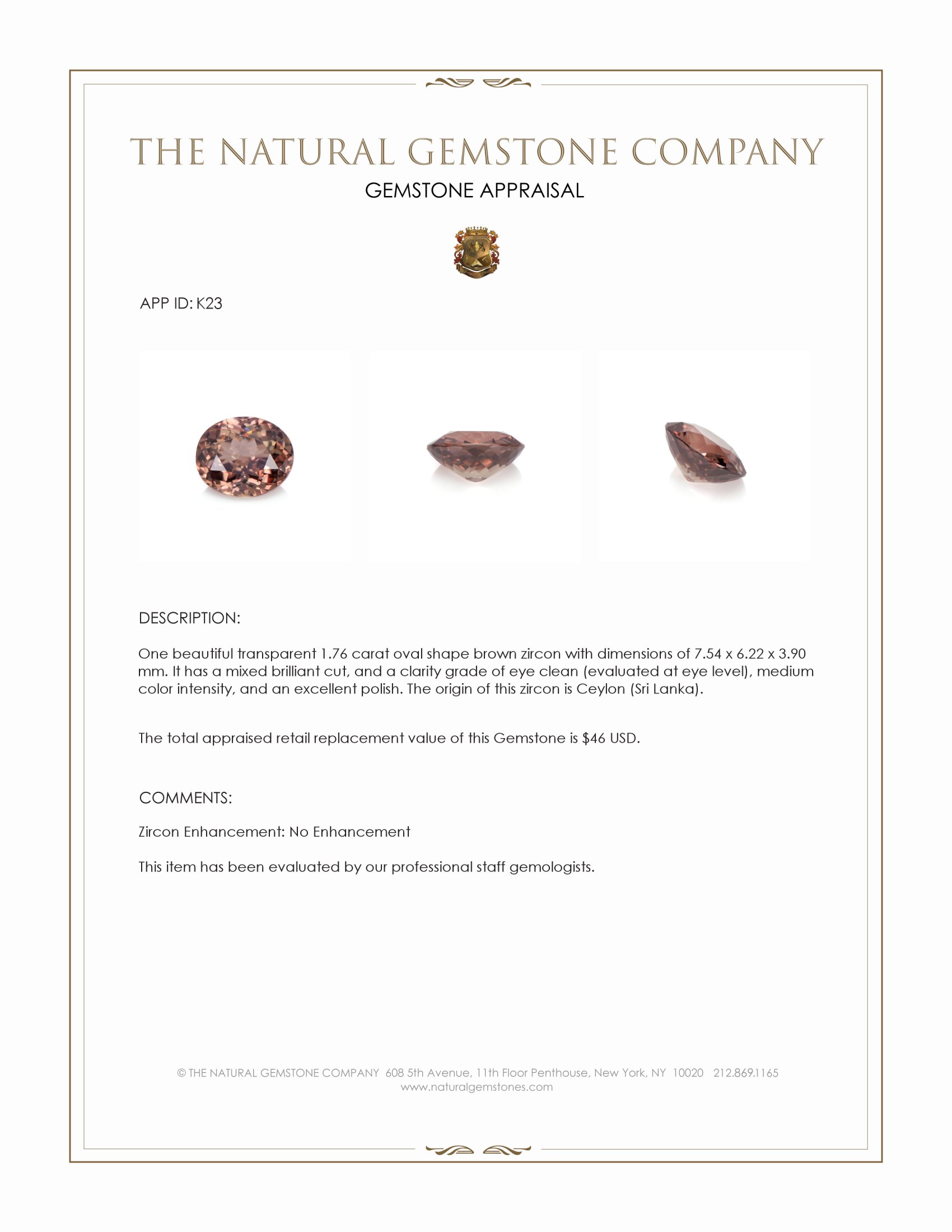 1.76 Ct. Brown Zircon from Ceylon (Sri Lanka)