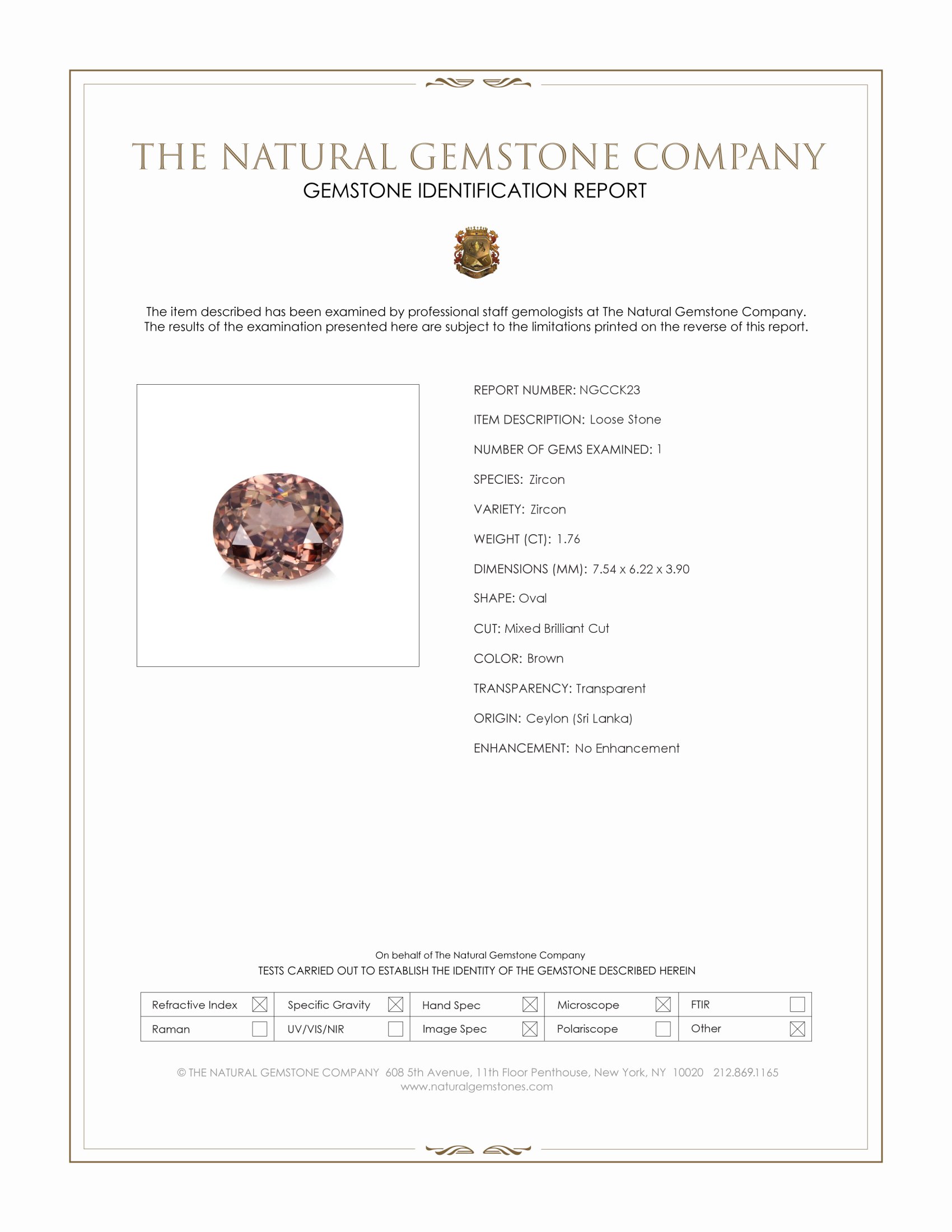 1.76 Ct. Brown Zircon from Ceylon (Sri Lanka)
