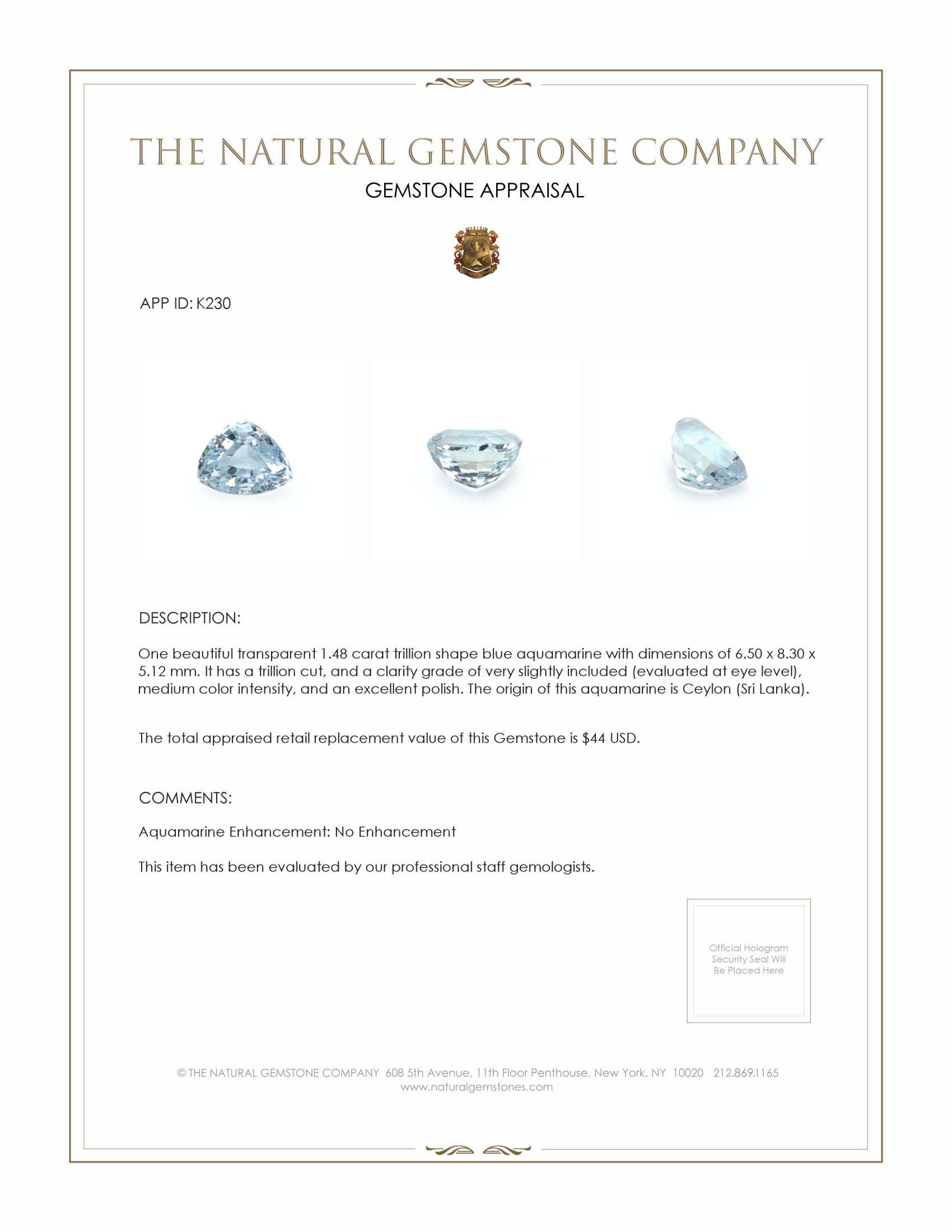 1.48 Ct. Aquamarine from Ceylon (Sri Lanka)