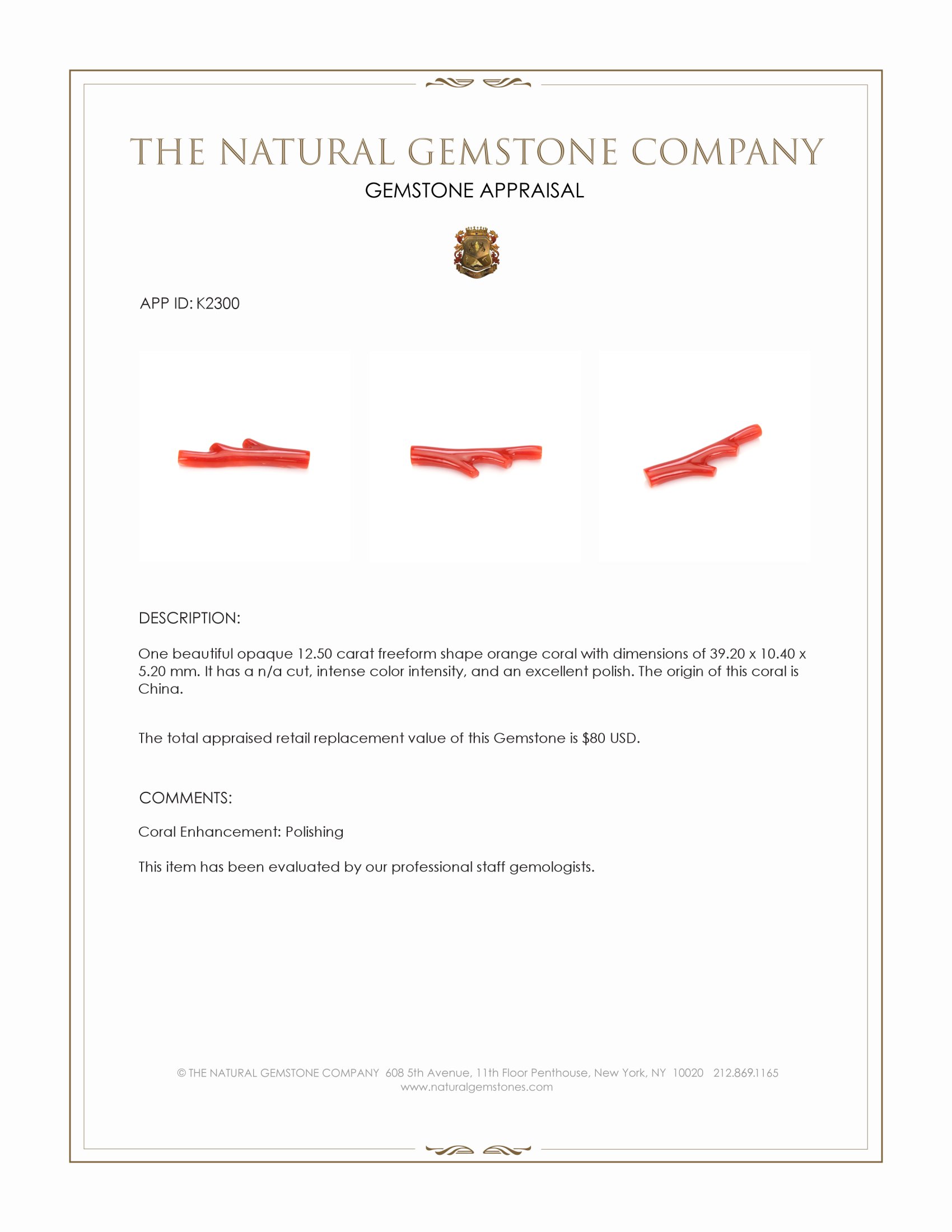 12.50 Ct. Orange Coral Crystal from China