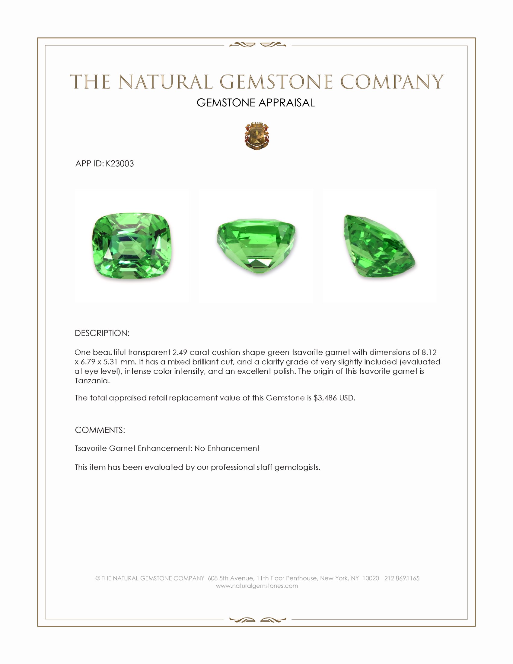 2.49 Ct. Tsavorite Garnet from Tanzania
