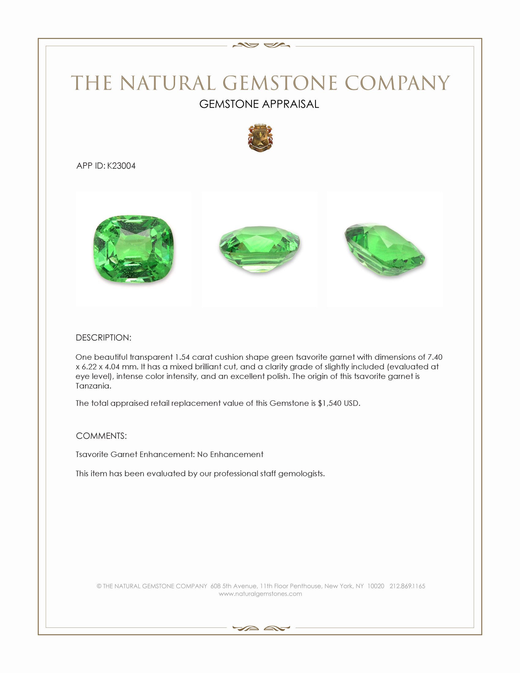 1.54 Ct. Tsavorite Garnet from Tanzania