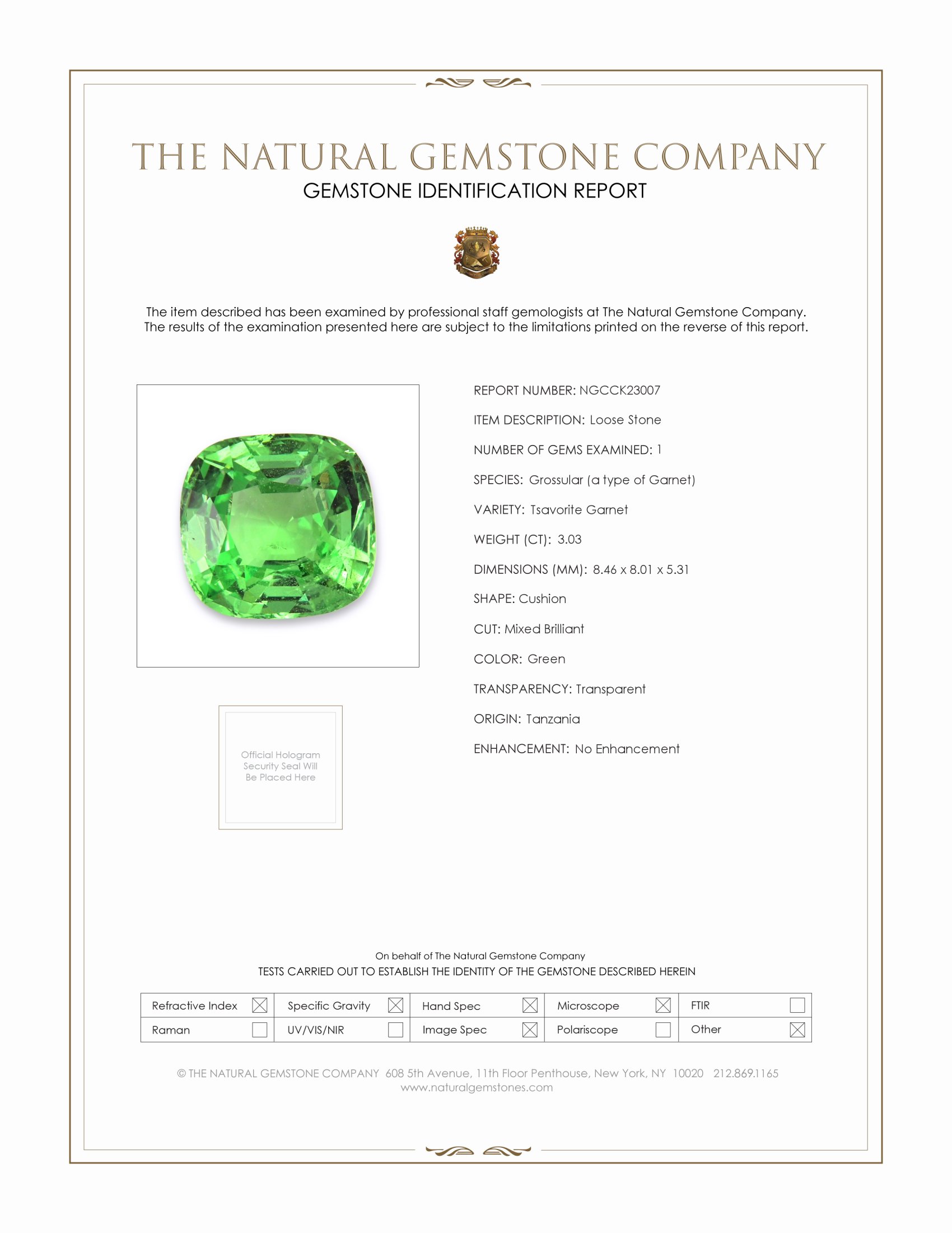 3.03 Ct. Tsavorite Garnet from Tanzania