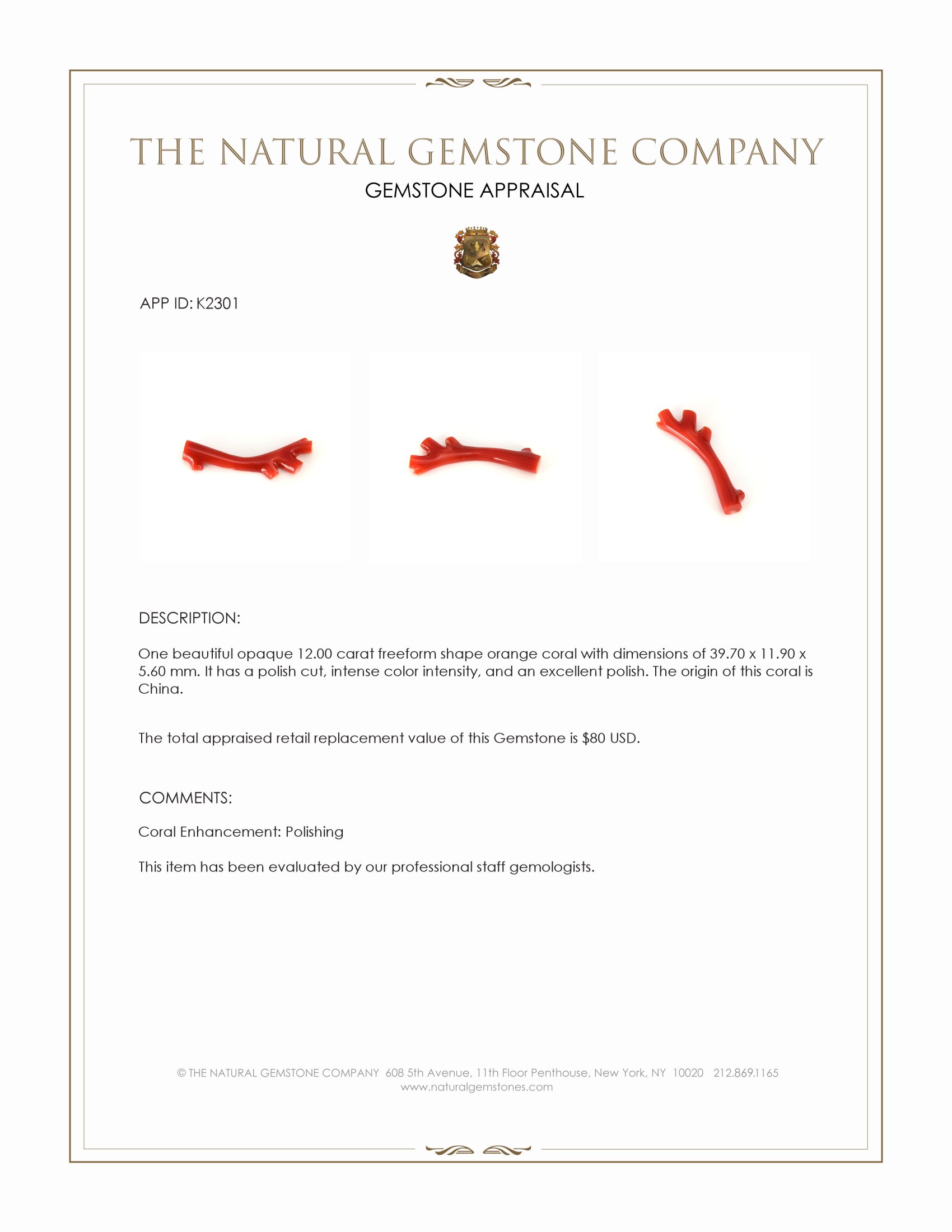 12.00 Ct. Coral from China