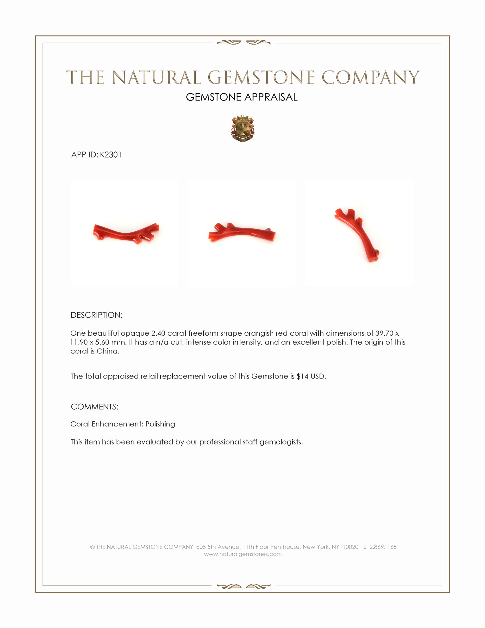 2.40 Ct. Coral Crystal from China