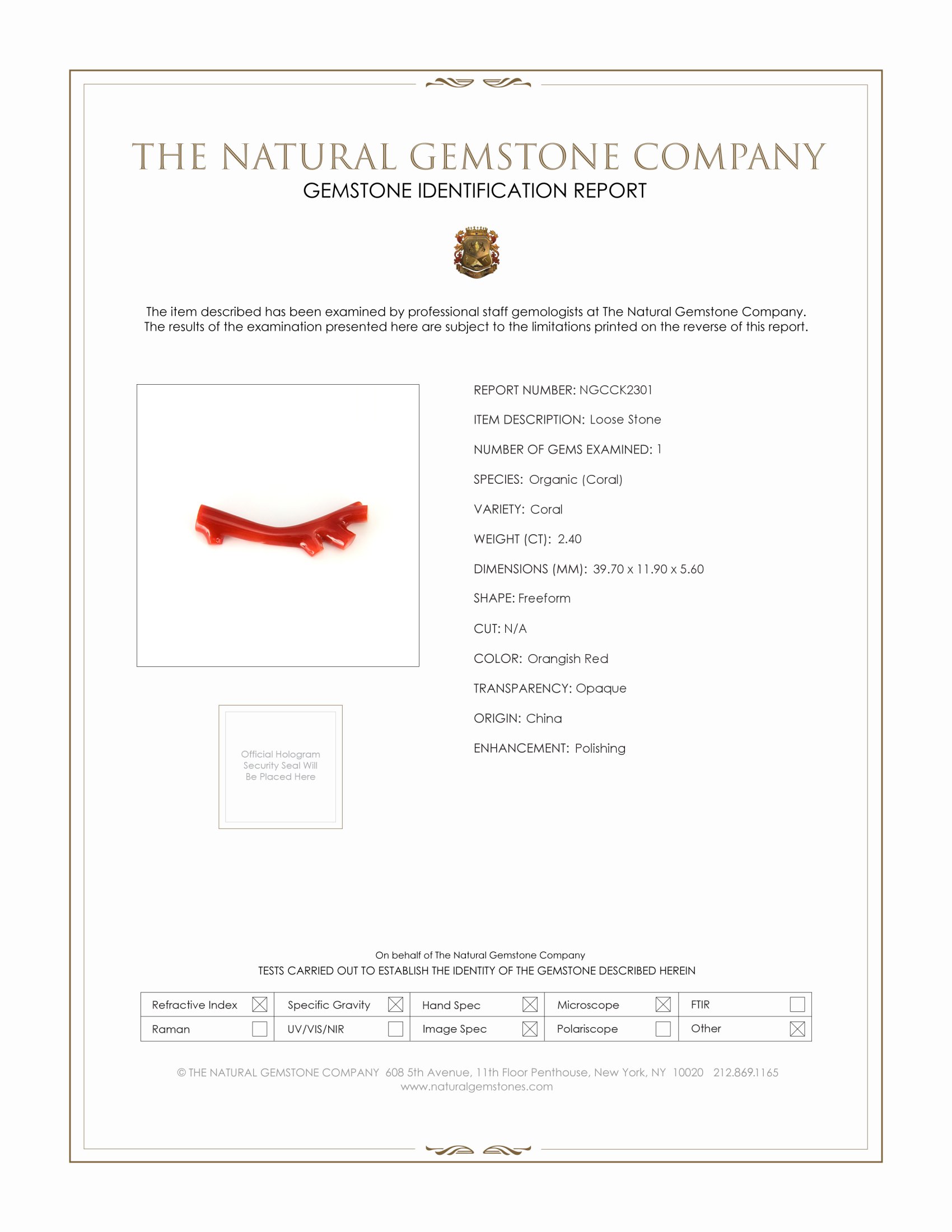 2.40 Ct. Orangish Red Coral Crystal from China