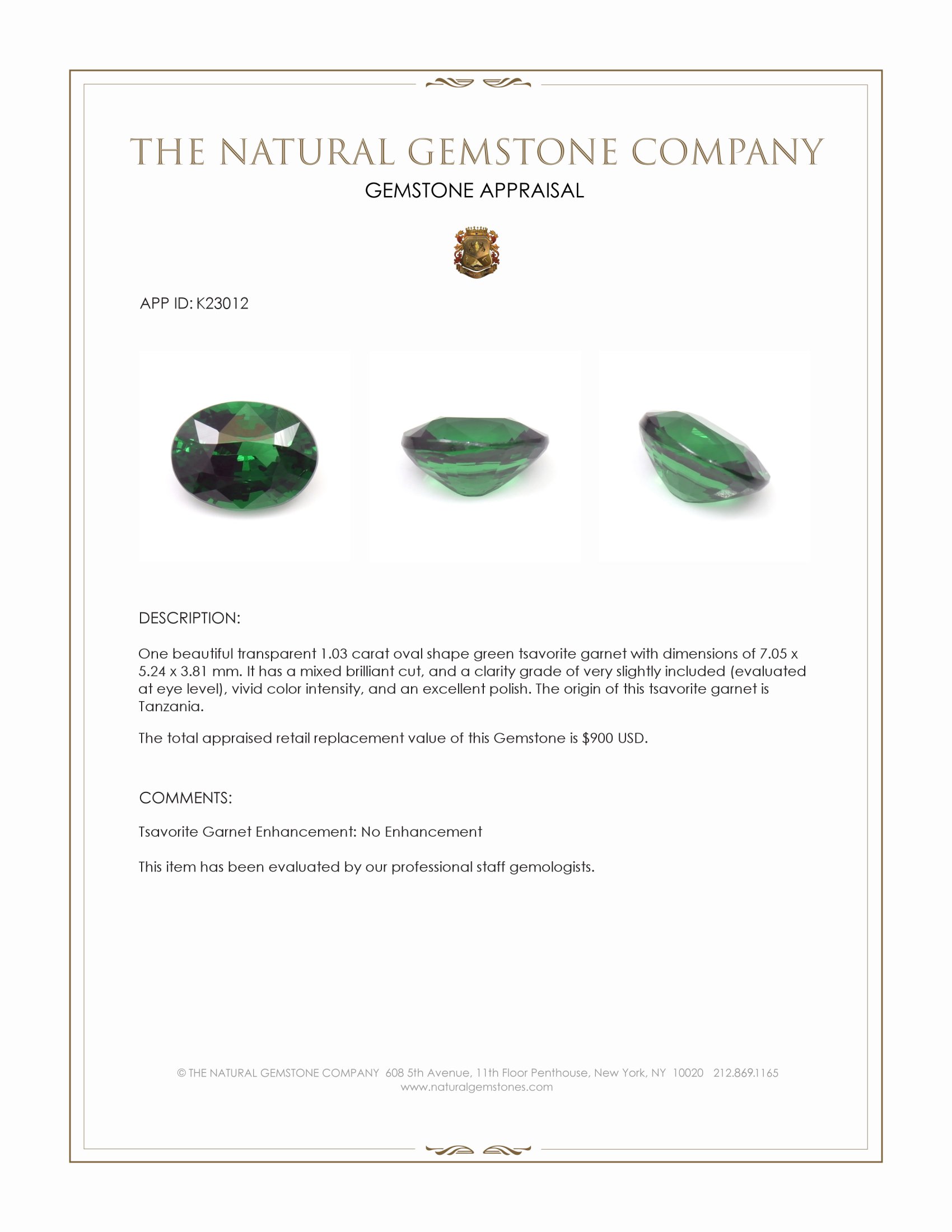 1.03 Ct. Tsavorite Garnet from Tanzania