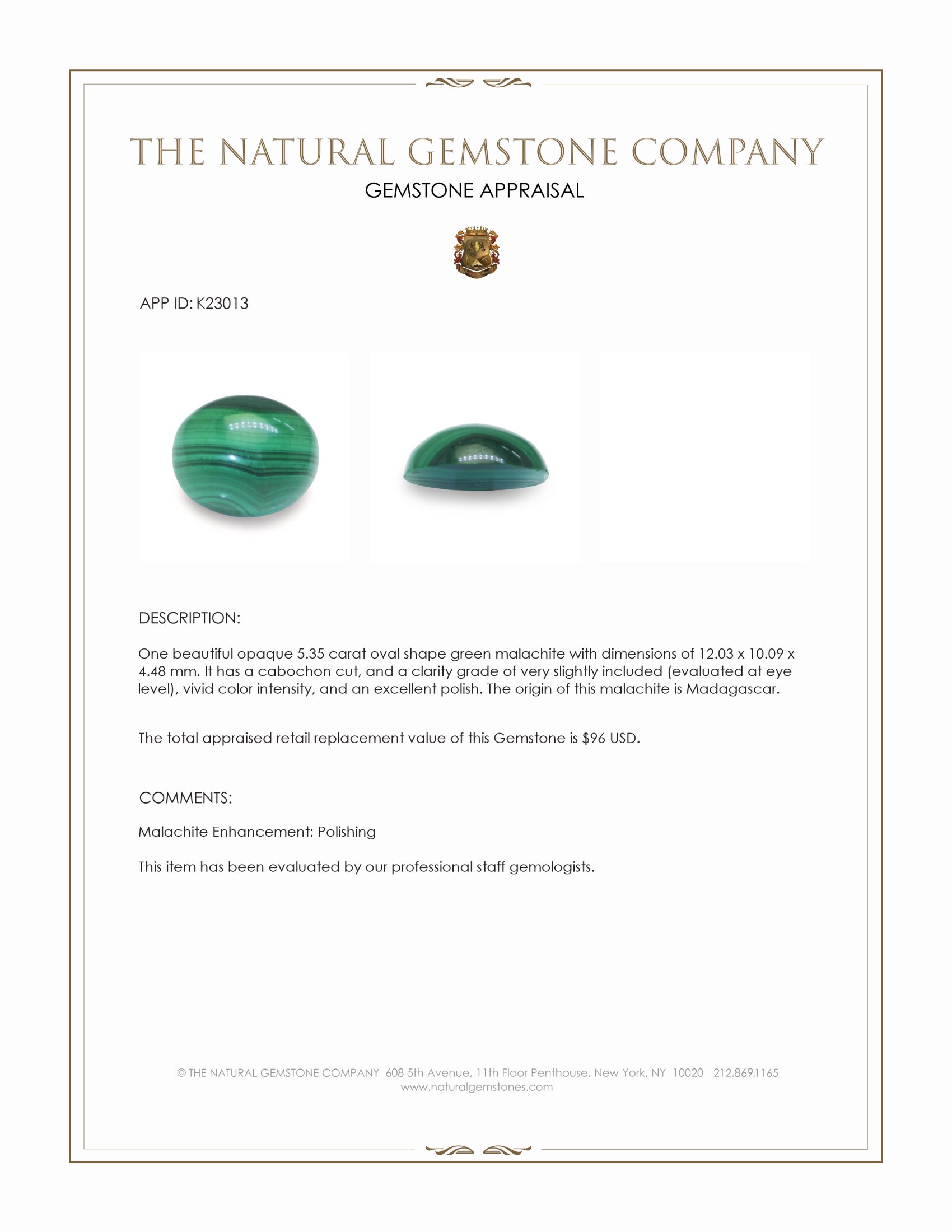 5.35 Ct. Cabochon Malachite from Madagascar