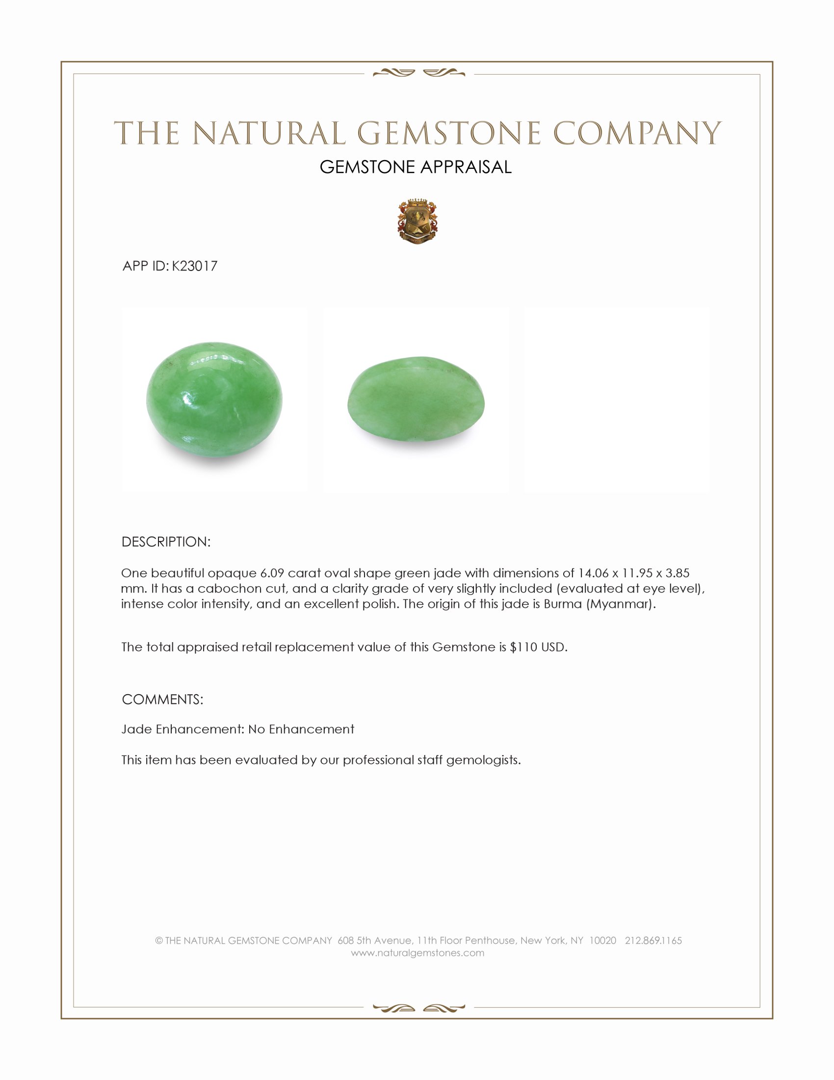 6.09 Ct. Green Cabochon Jade from Burma (Myanmar)