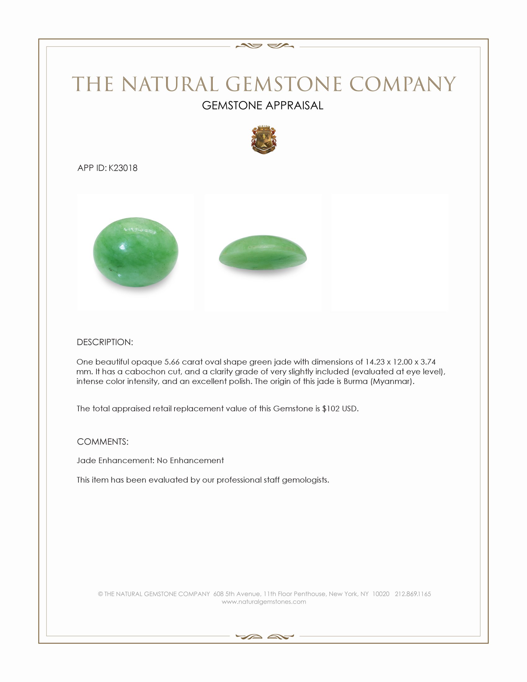 5.66 Ct. Green Cabochon Jade from Burma (Myanmar)
