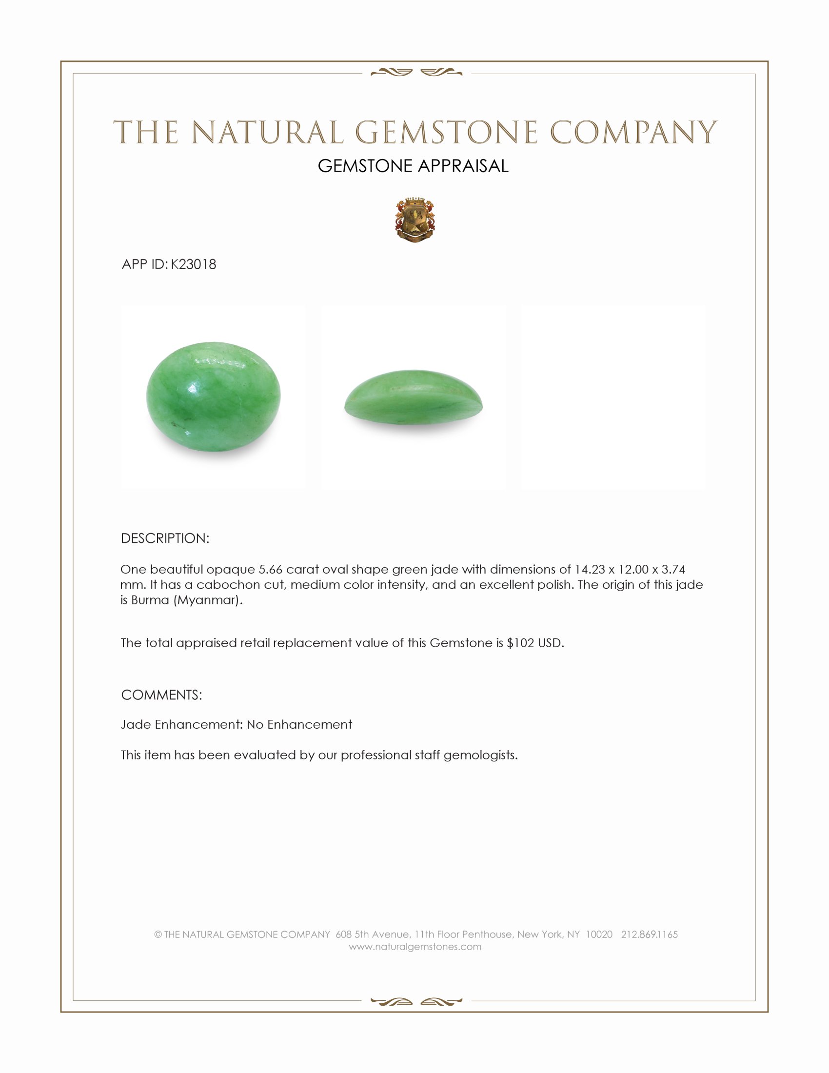 5.66 Ct. Green Cabochon Jade from Burma (Myanmar)