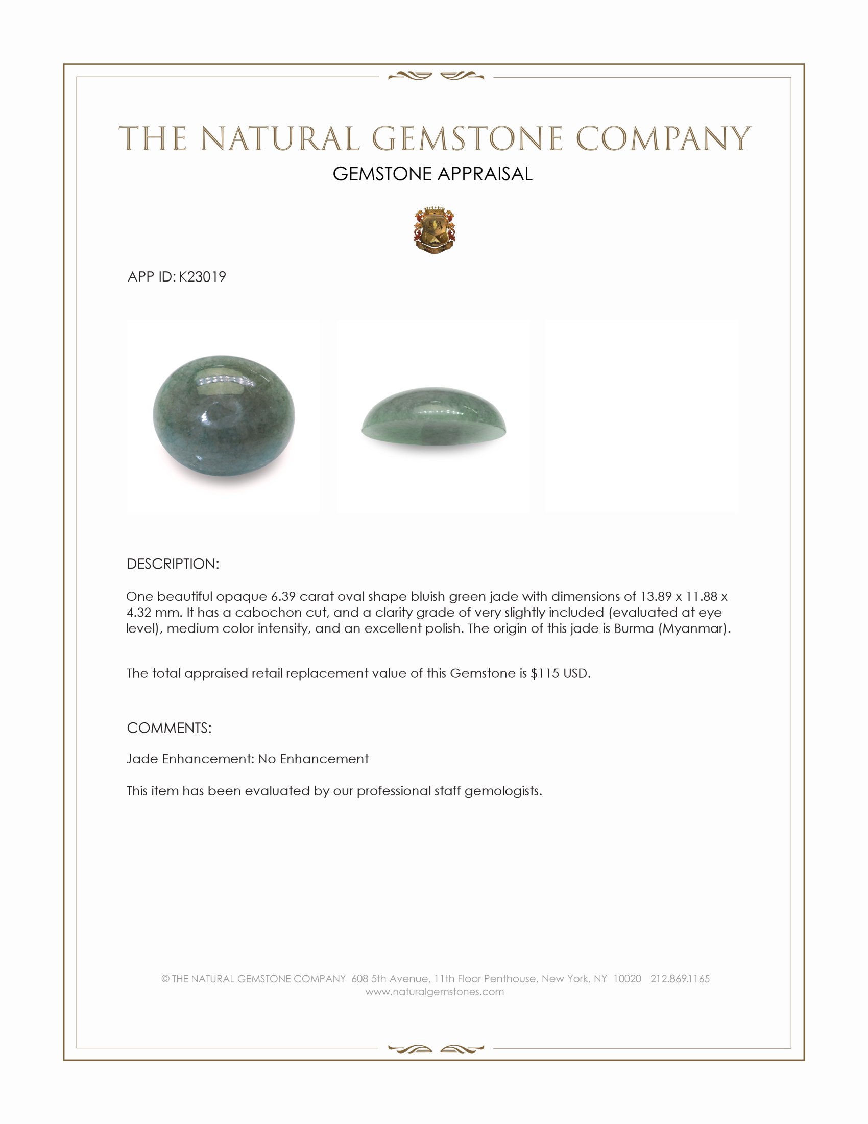 6.39 Ct. Cabochon Jade from Burma (Myanmar)