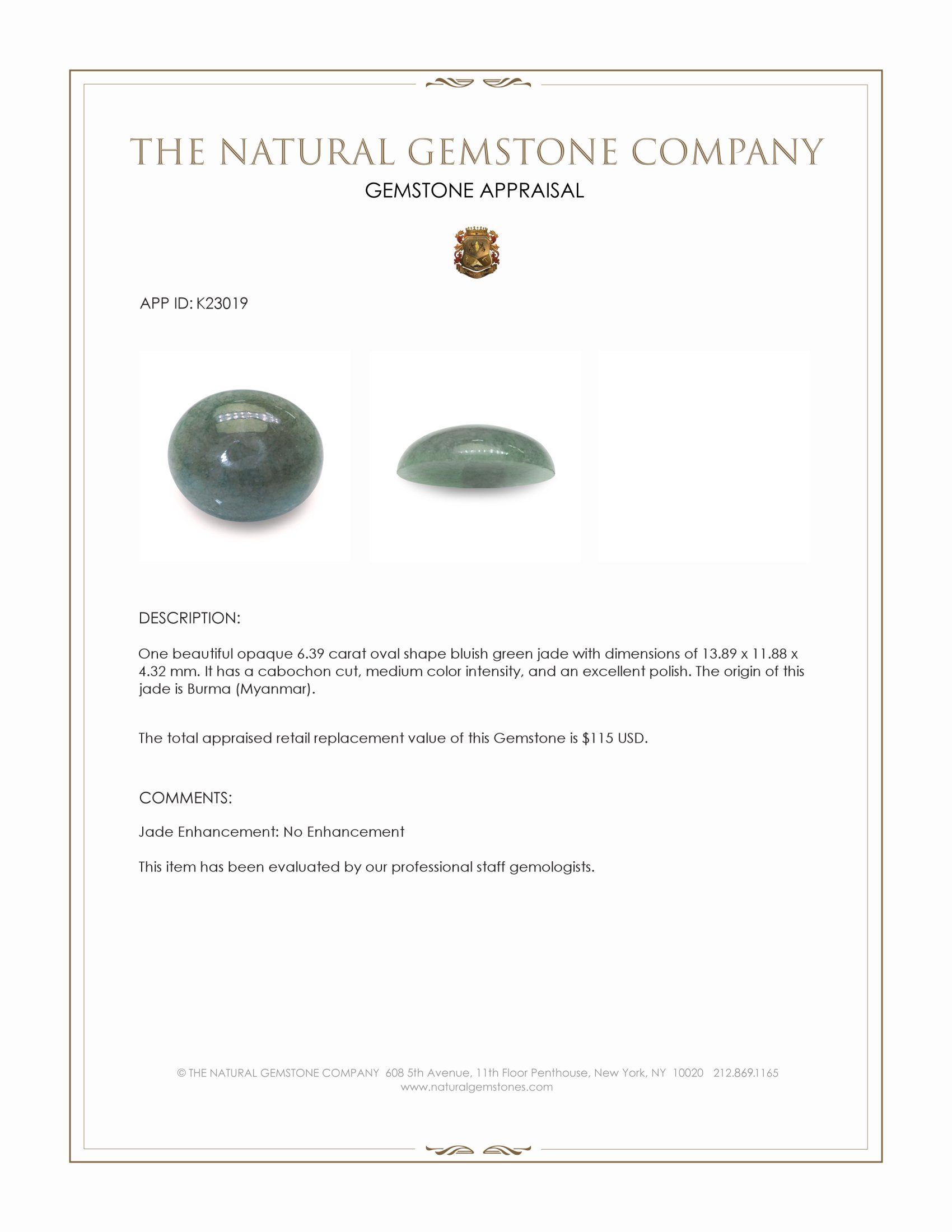6.39 Ct. Bluish Green Cabochon Jade from Burma (Myanmar)