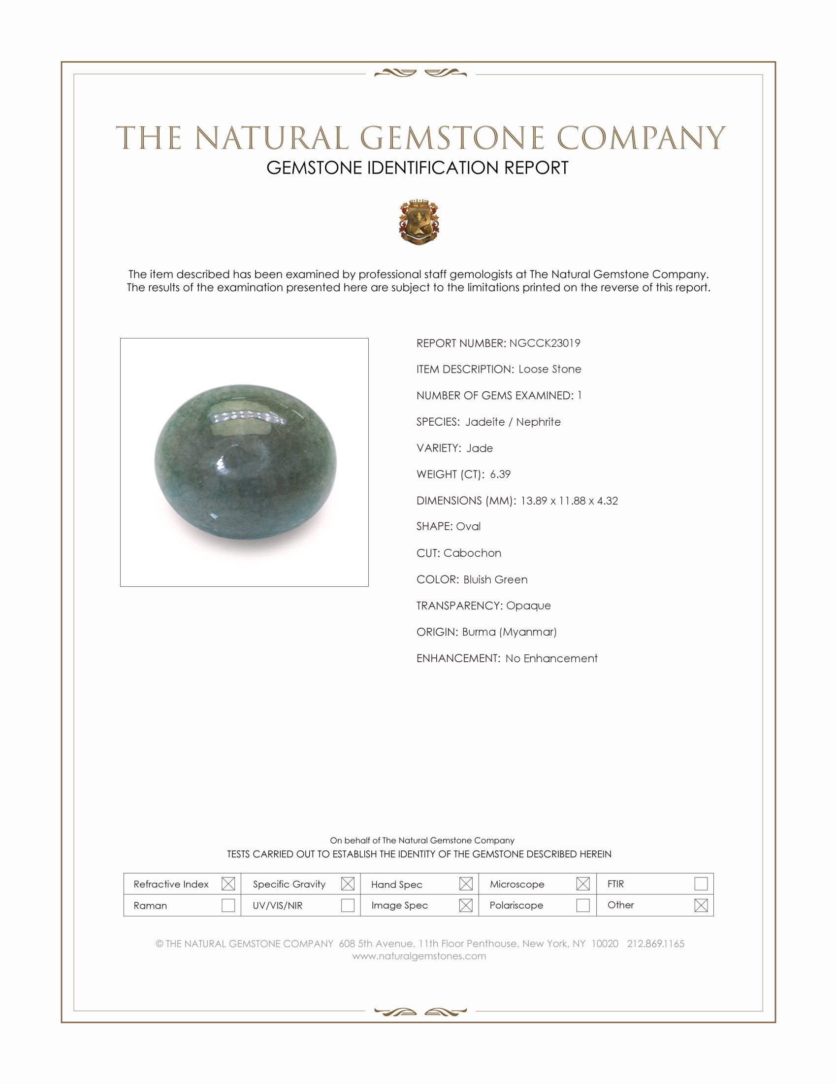 6.39 Ct. Bluish Green Cabochon Jade from Burma (Myanmar)