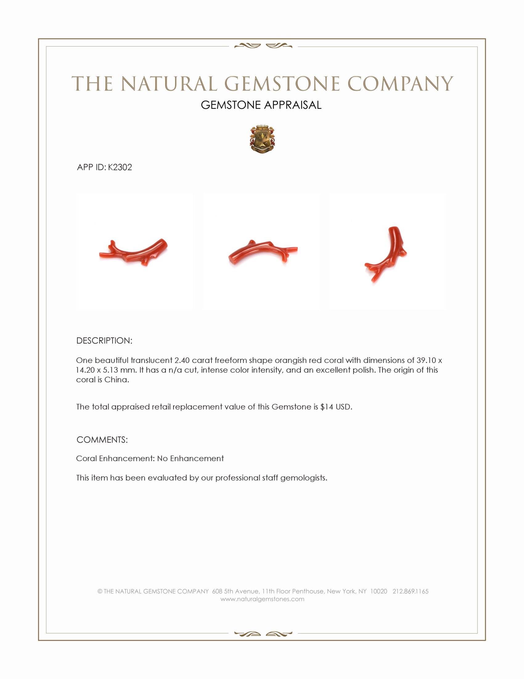 2.40 Ct. Orangish Red Coral Crystal from China