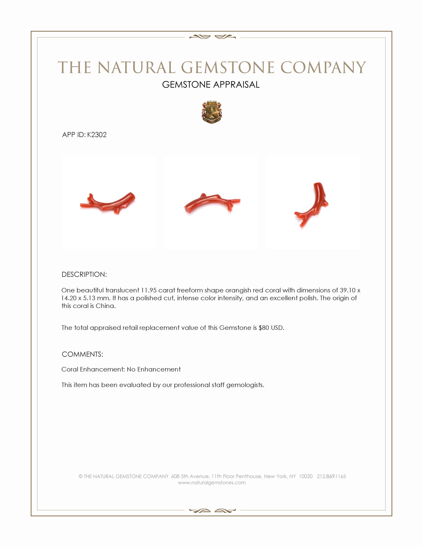 11.95 Ct. Orangish Red Cabochon Coral from China