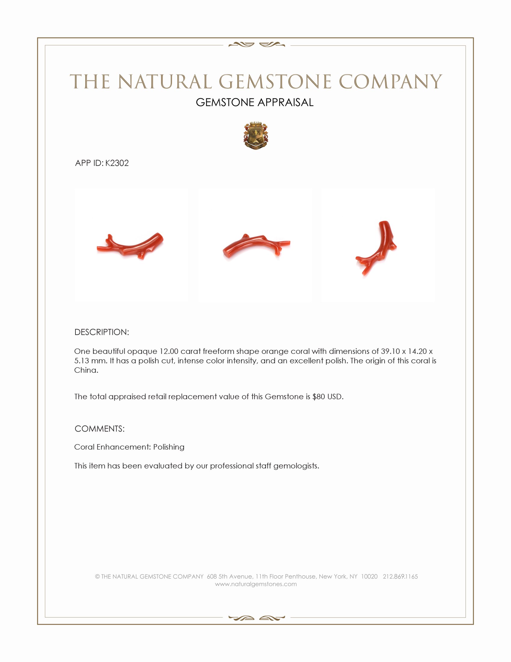 12.00 Ct. Coral from China