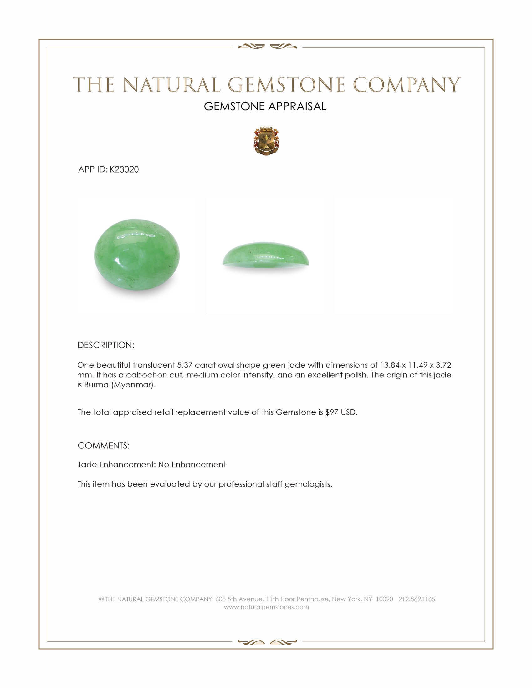 5.37 Ct. Green Cabochon Jade from Burma (Myanmar)