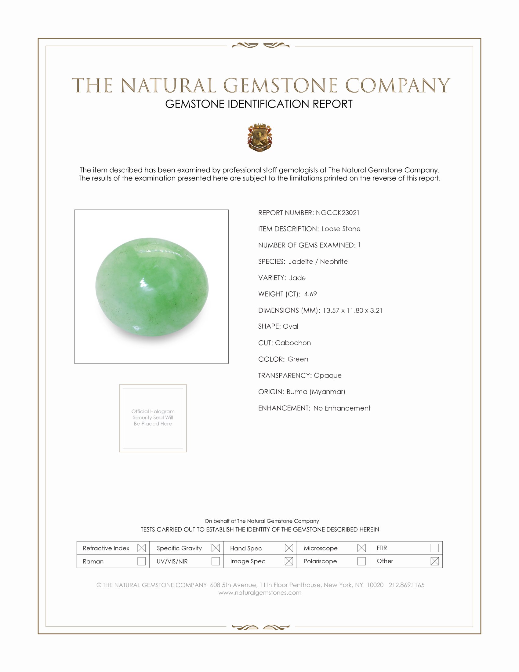 4.69 Ct. Green Cabochon Jade from Burma (Myanmar)