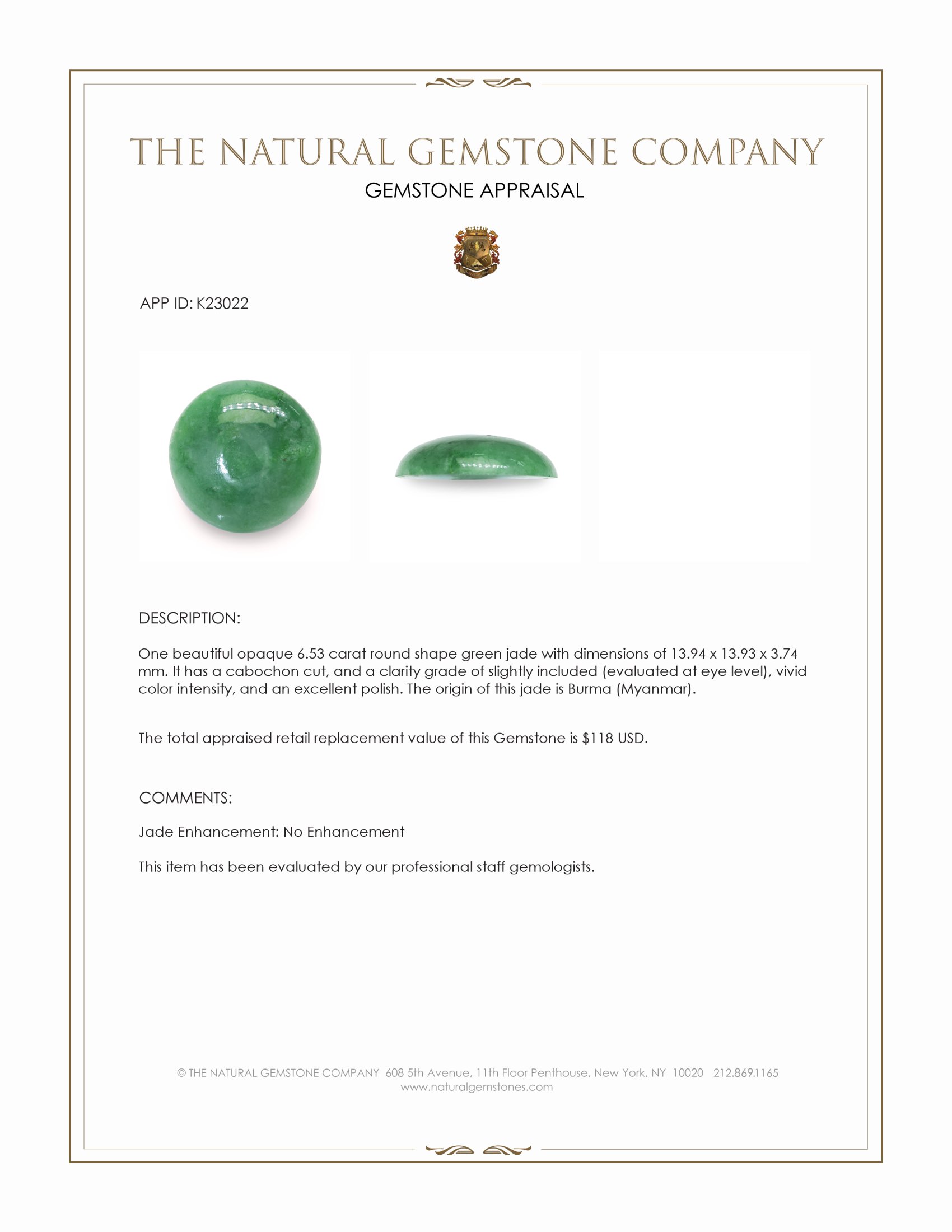 6.53 Ct. Green Cabochon Jade from Burma (Myanmar)