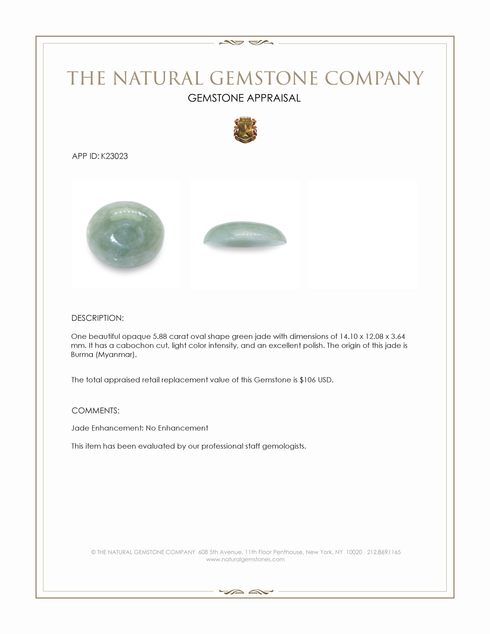 5.88 Ct. Green Cabochon Jade from Burma (Myanmar)