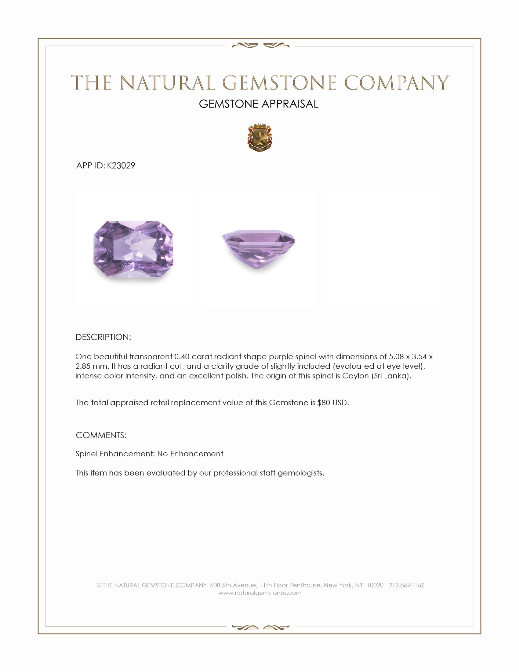 0.40 Ct. Purple Spinel from Ceylon (Sri Lanka)