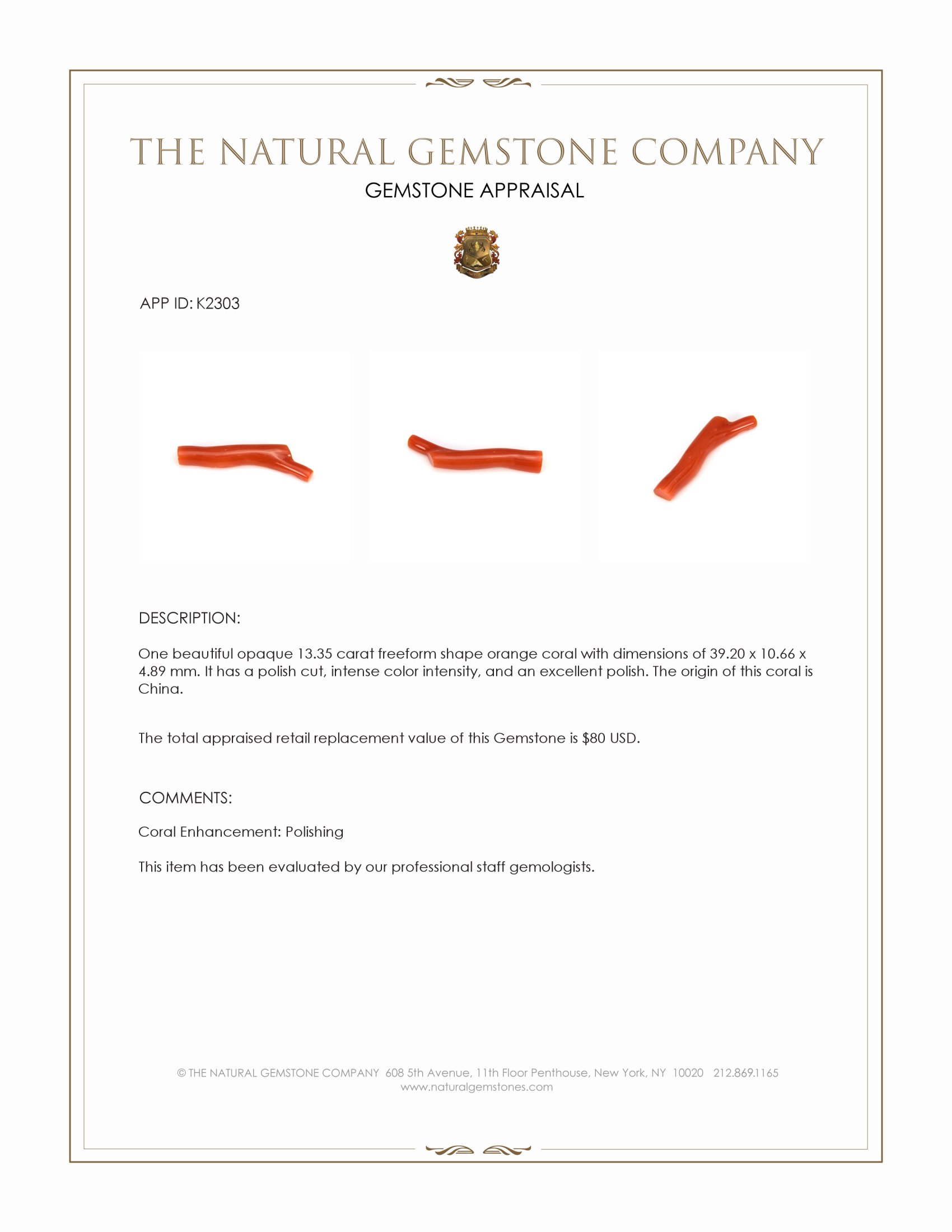 13.35 Ct. Coral from China