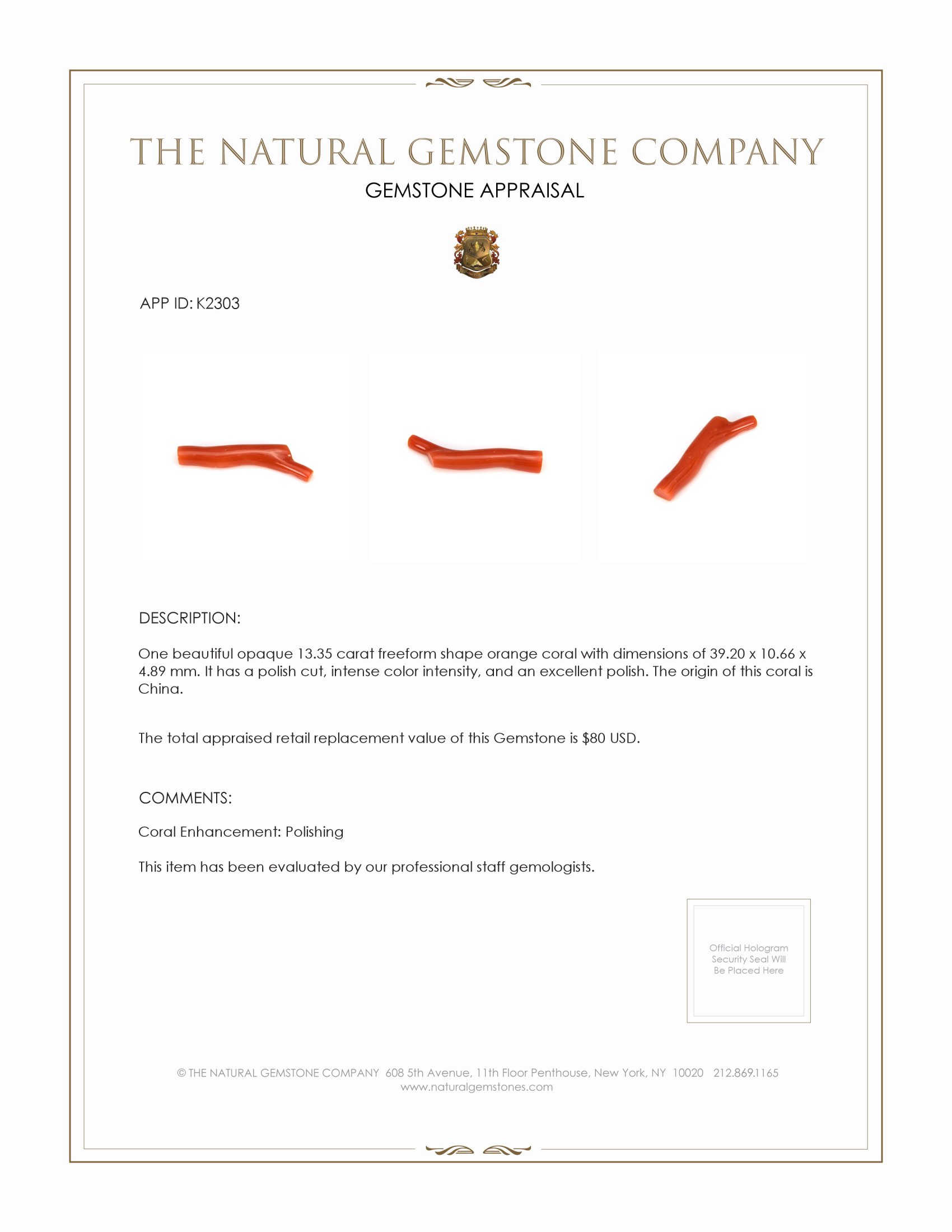 13.35 Ct. Coral from China