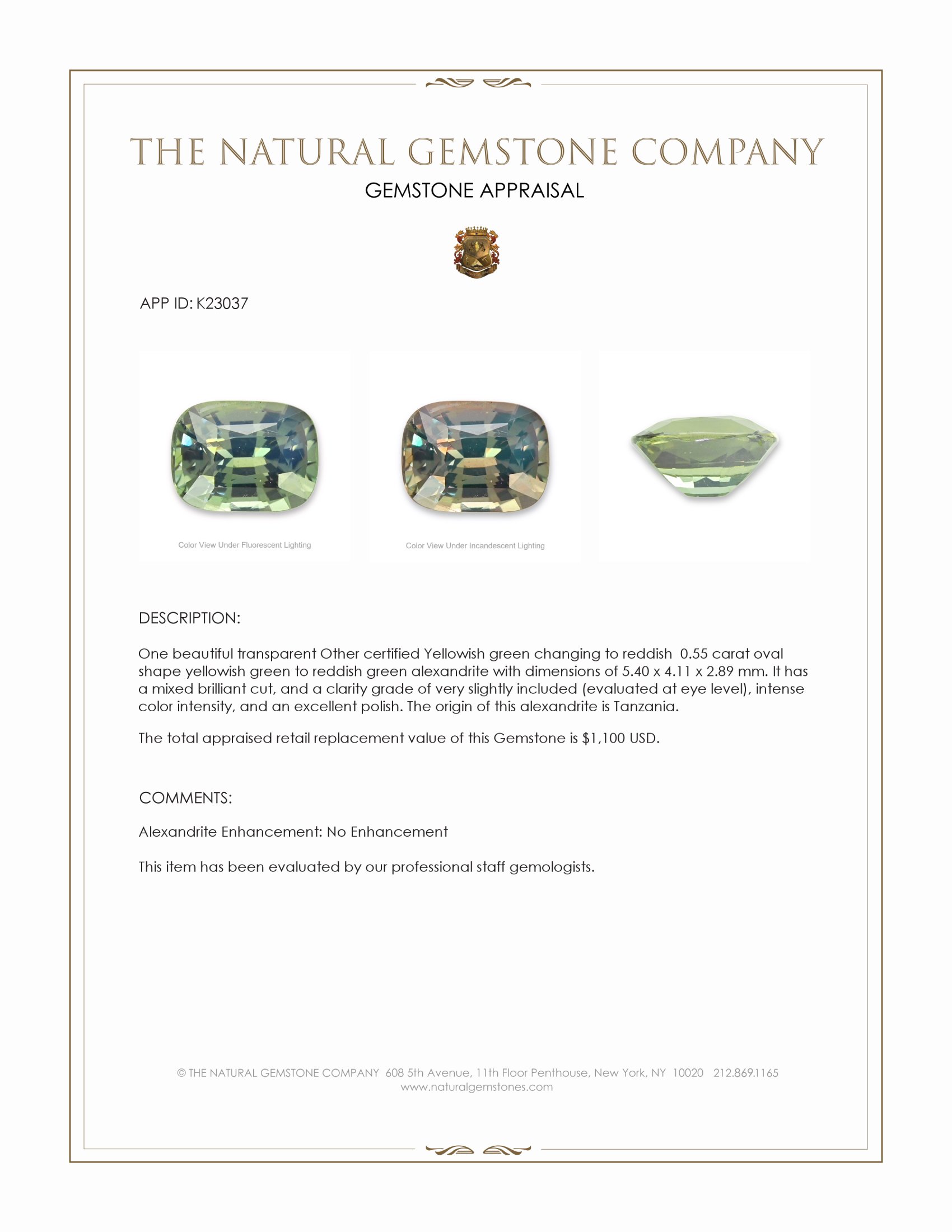 0.55 Ct. Alexandrite from Tanzania