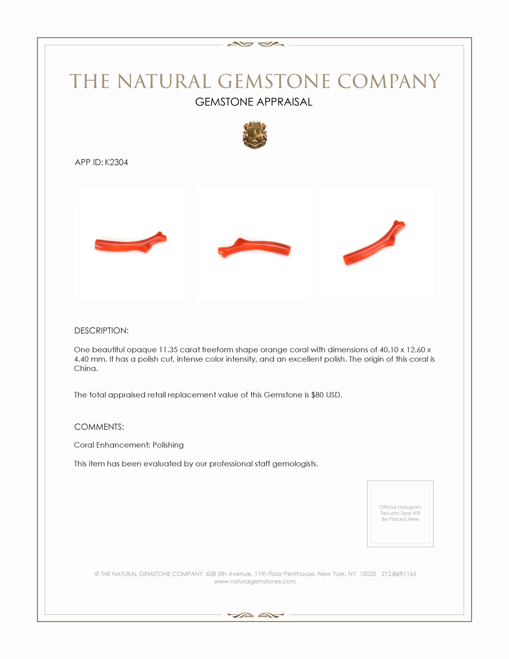 11.35 Ct. Coral from China